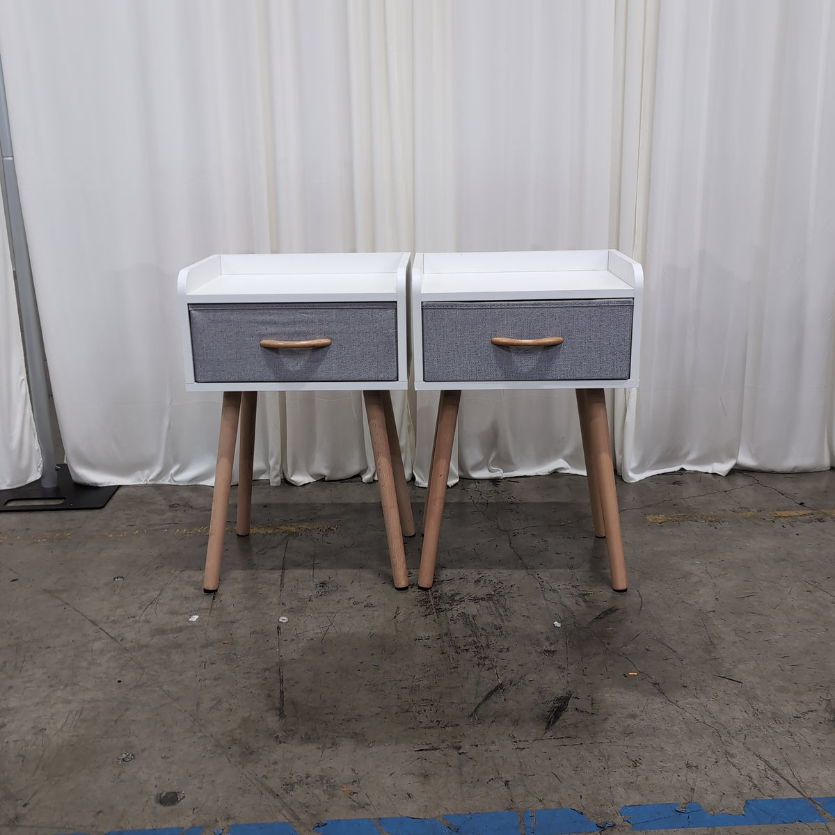 White Mid-Century Modern Nightstand with Fabric Drawer