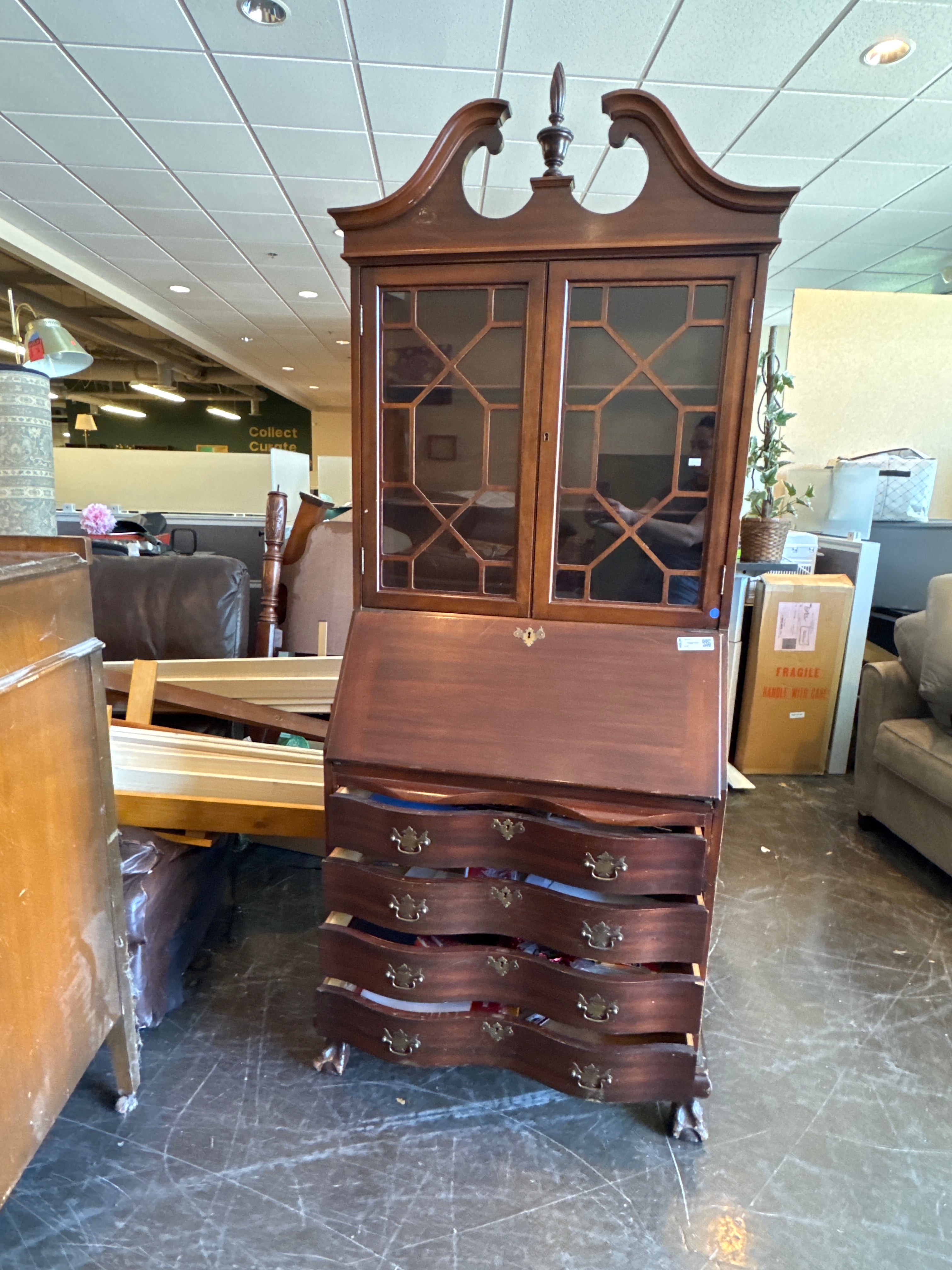 Vintage Ornate Hutch - One Solid Piece with Secretary Style Pull Down Desk