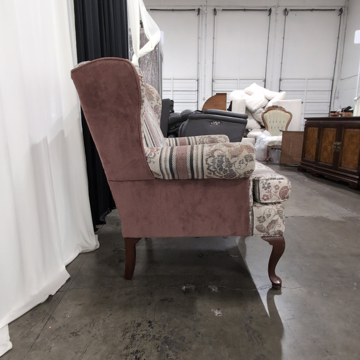 Cream Floral Striped Upholstered Wingback Armchair