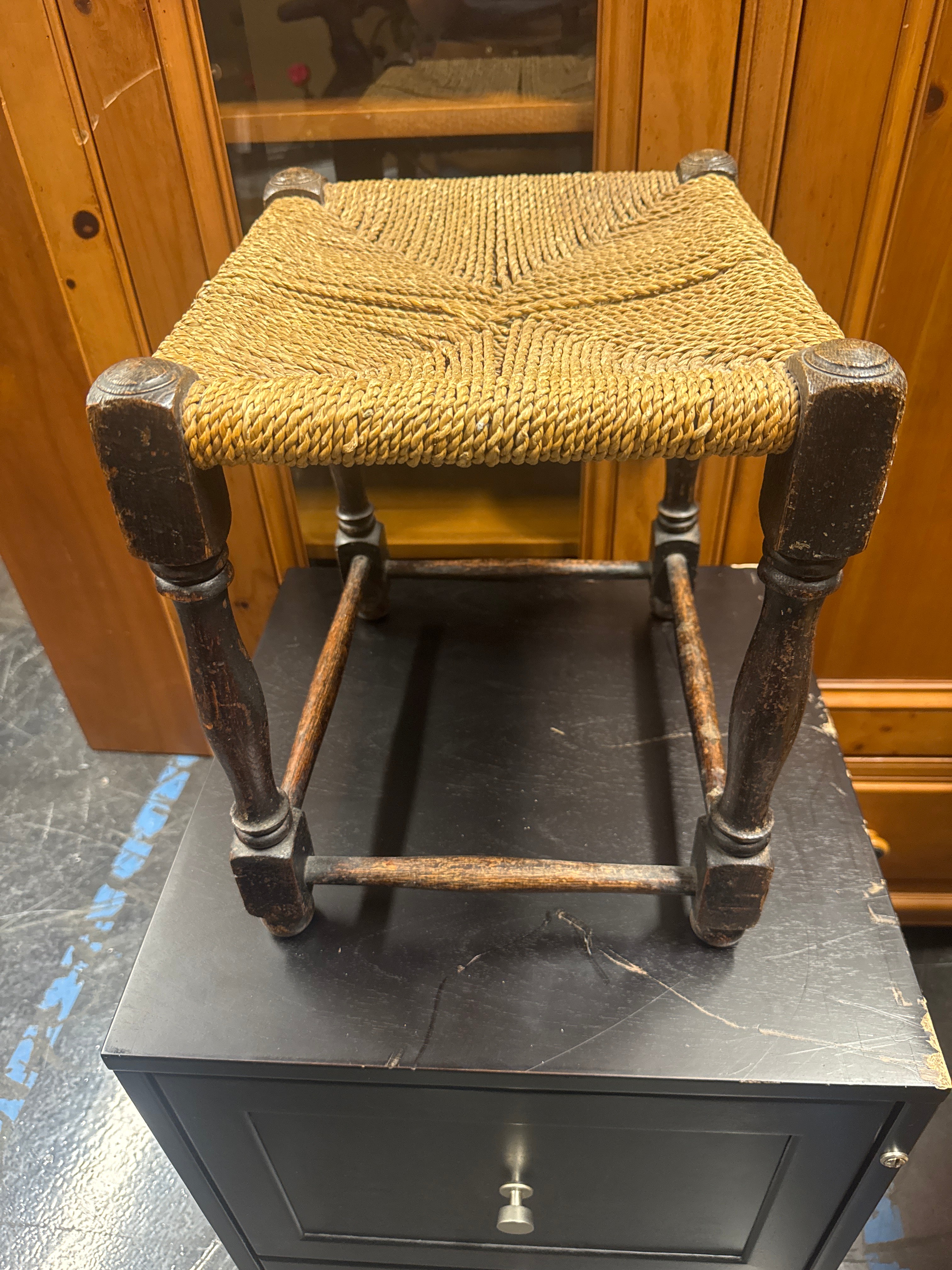 Rustic Rope-Woven Wooden Stool
