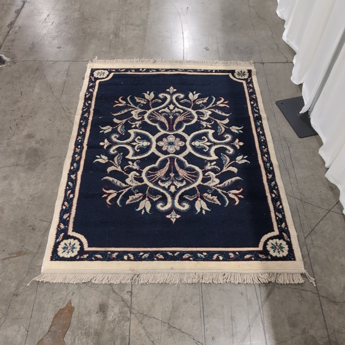 Traditional Navy Blue Floral Area Rug with Fringed Ends