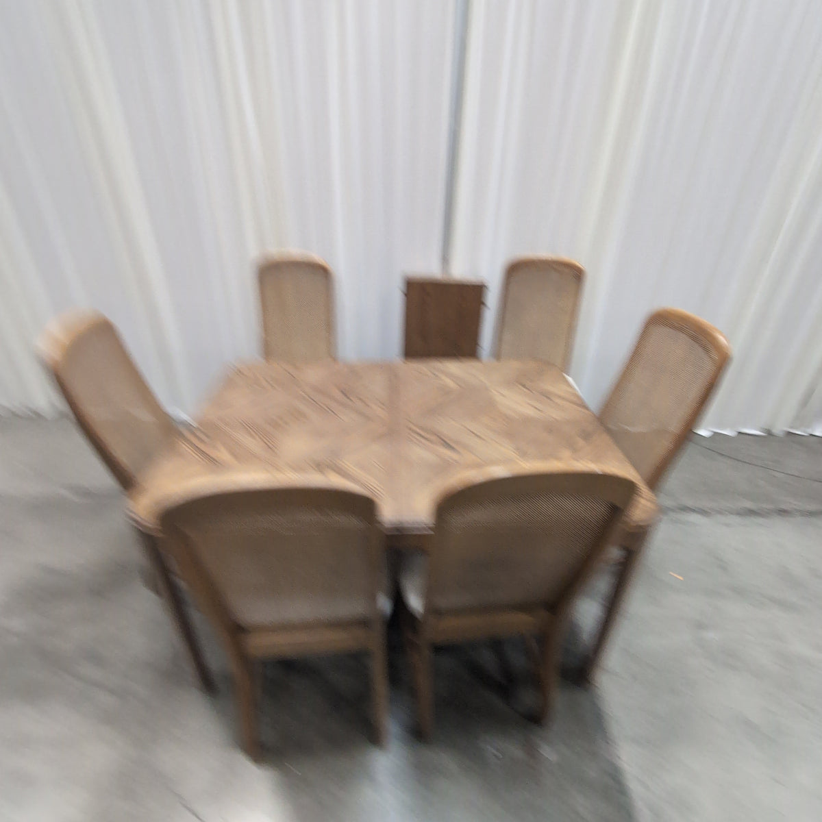 Wood Parquet Top Dining Table with Cane Back Chairs