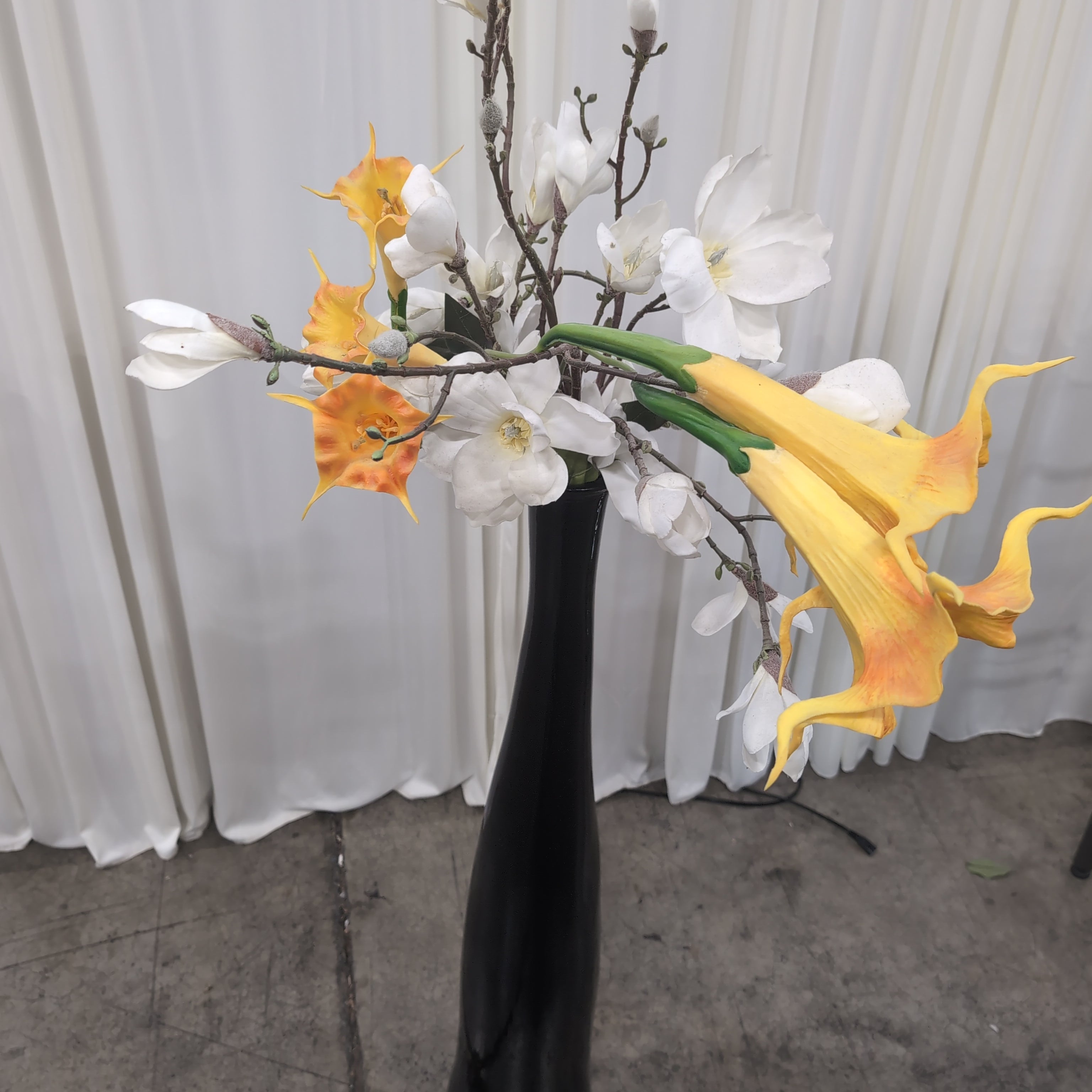 Tall Black Ceramic Vase with Artificial Flowers