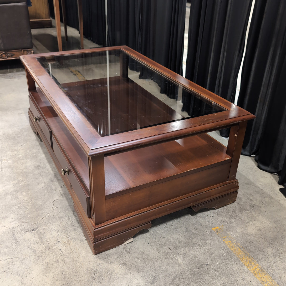 Dark Cherry Wood Coffee Table with Two Drawers