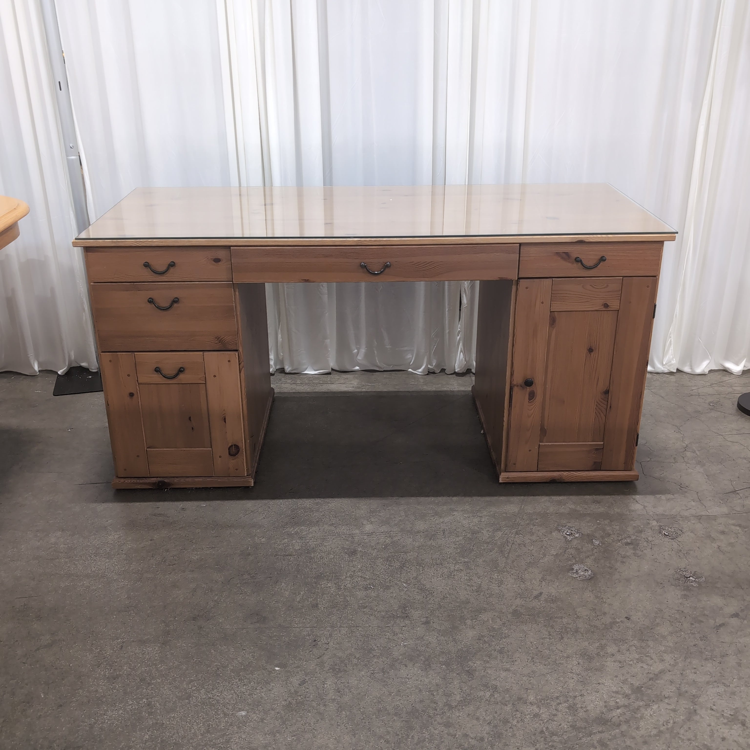 Light Wood Desk with Glass Top and Storage Drawers