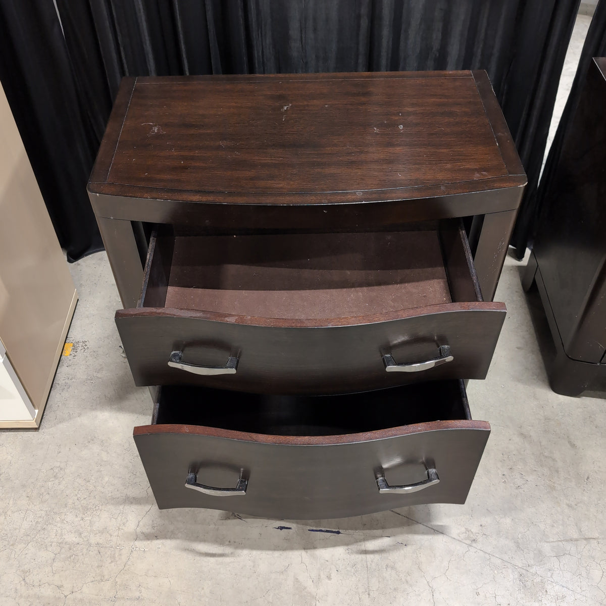 Dark Wood Two-Drawer Nightstand with Curved Front