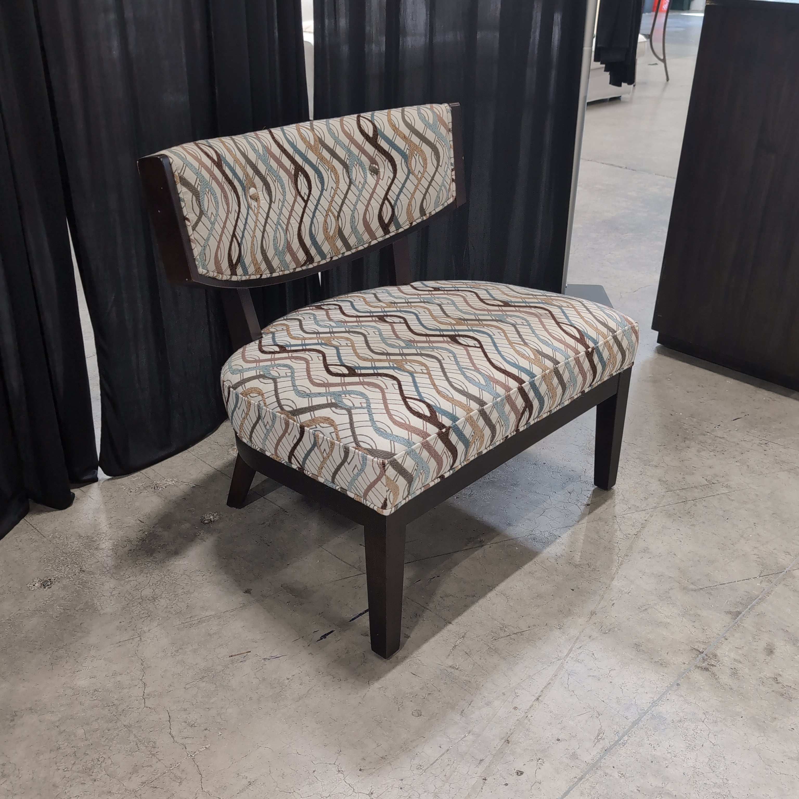 Dark Wood Accent Chair with Patterned Upholstery