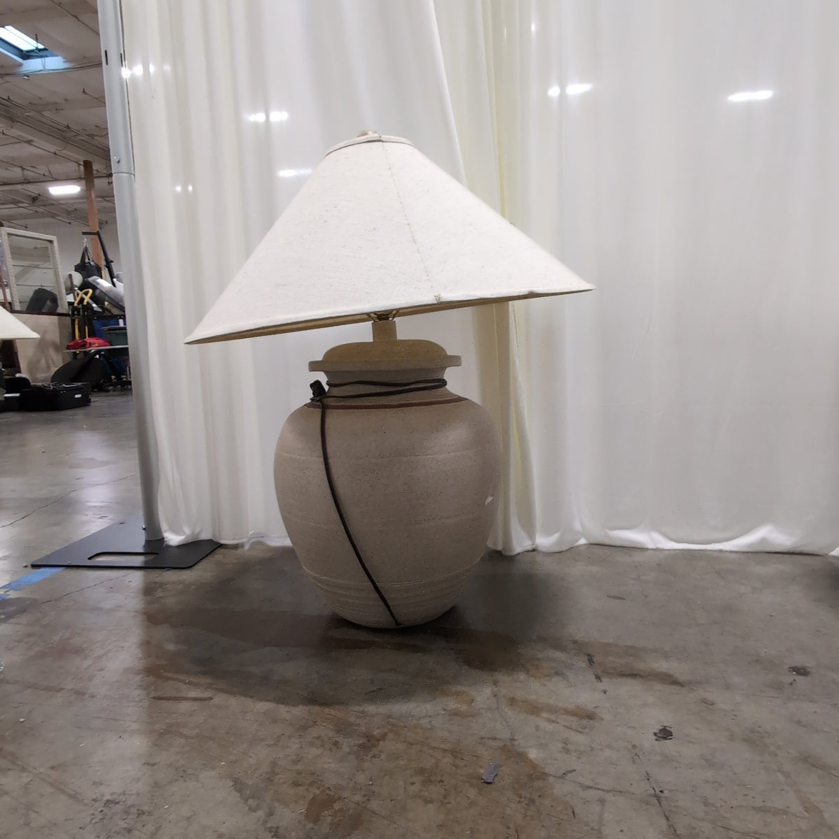 Large Beige Pottery Table Lamp with Fabric Shade
