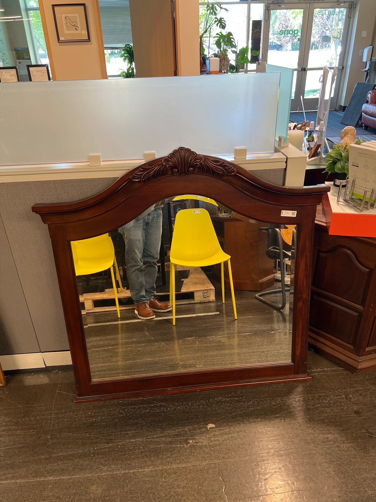 Traditional Cherry Wood Dresser Mirror with Carved Crest