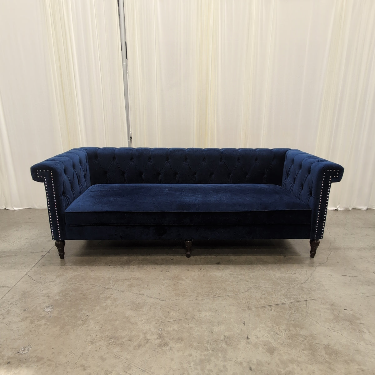 Deep Blue Tufted Velvet Couch with Nailhead Trim