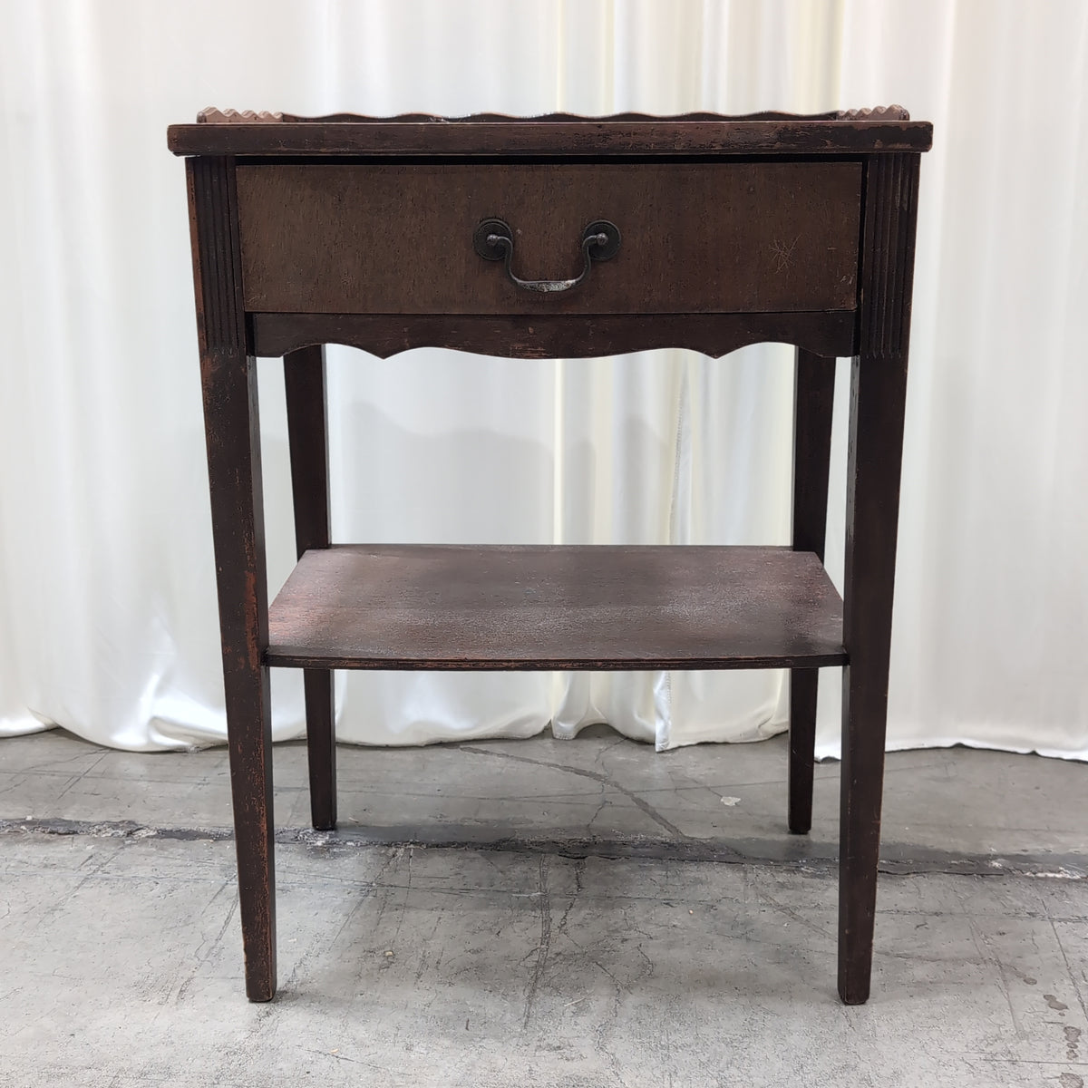Dark Wood Scalloped Top Nightstand with Drawer