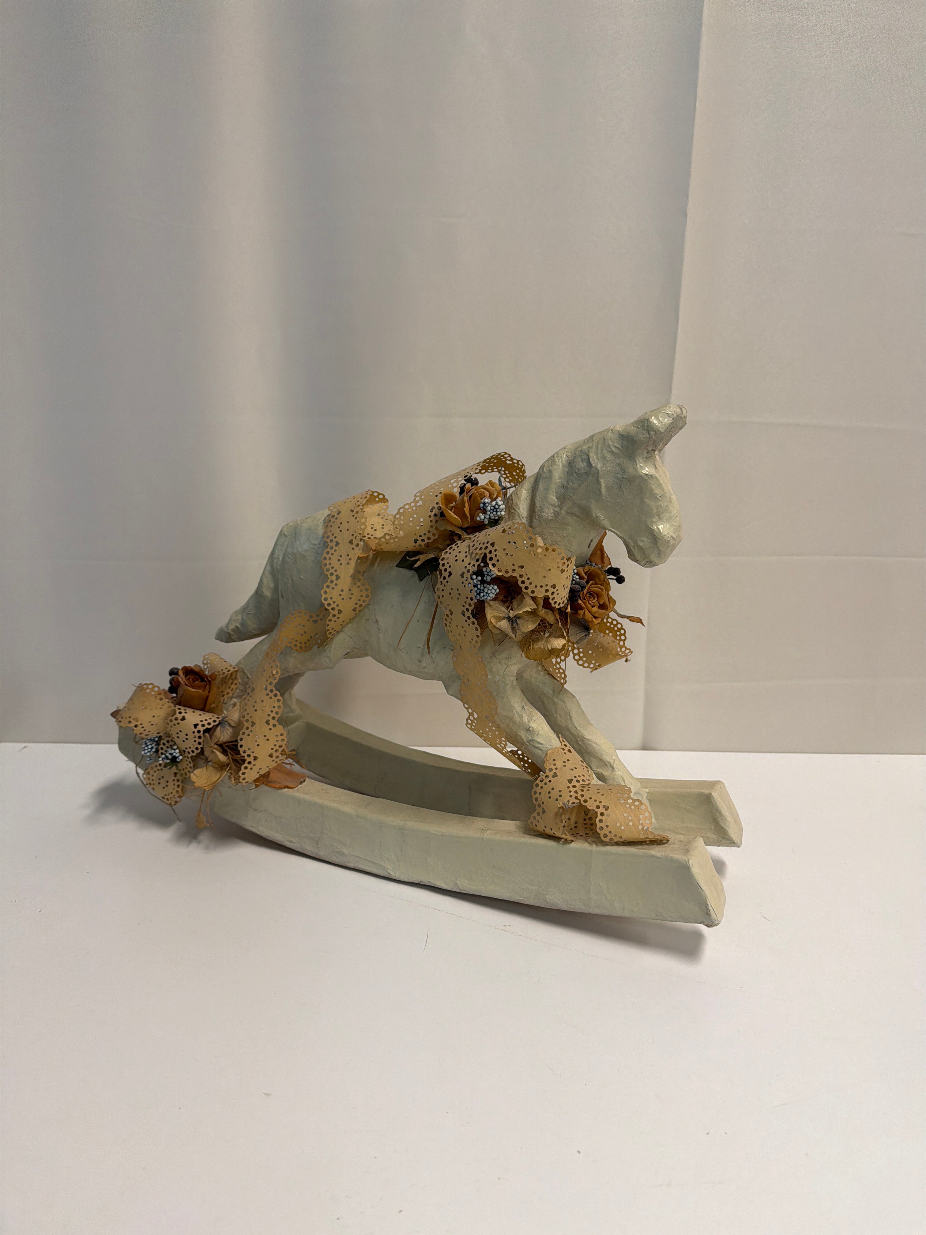 Cream Papier-Mache Decorative Rocking Horse with Lace