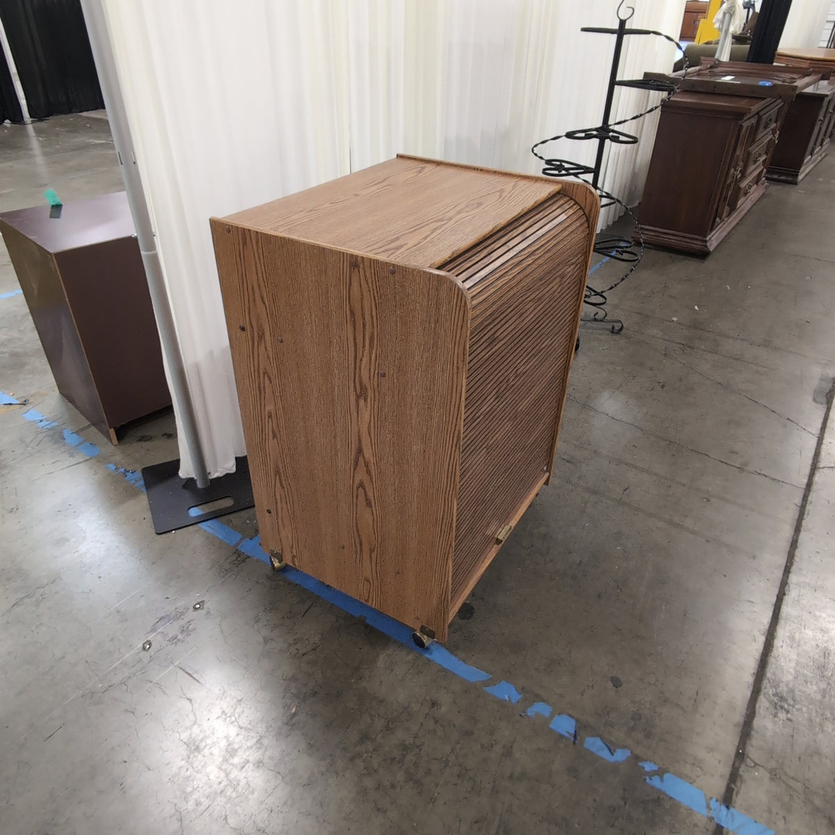 Brown Wood Roll-Top Storage Cabinet with Casters