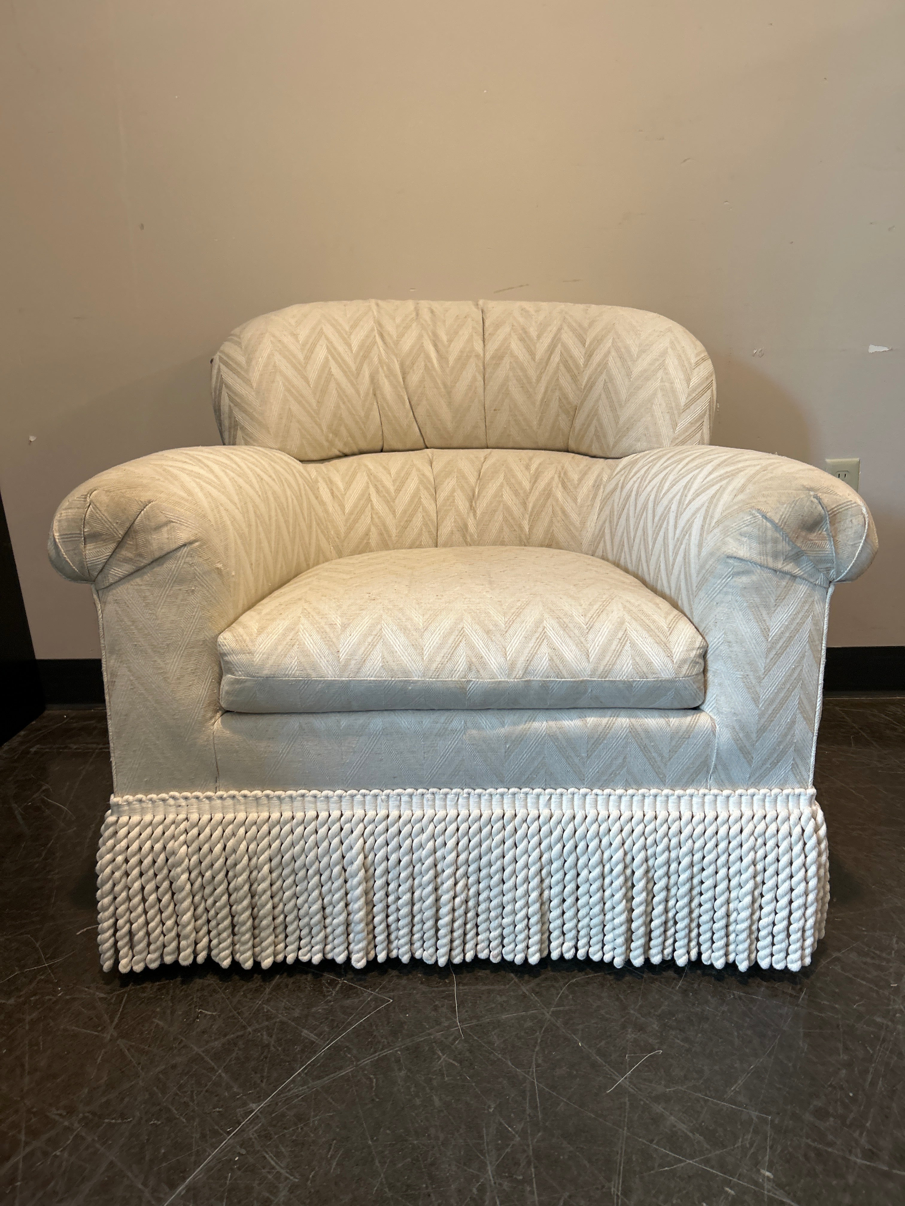 Heirloom Designer Upholstery Brand Club Chair – Chevron Fabric with Fringe