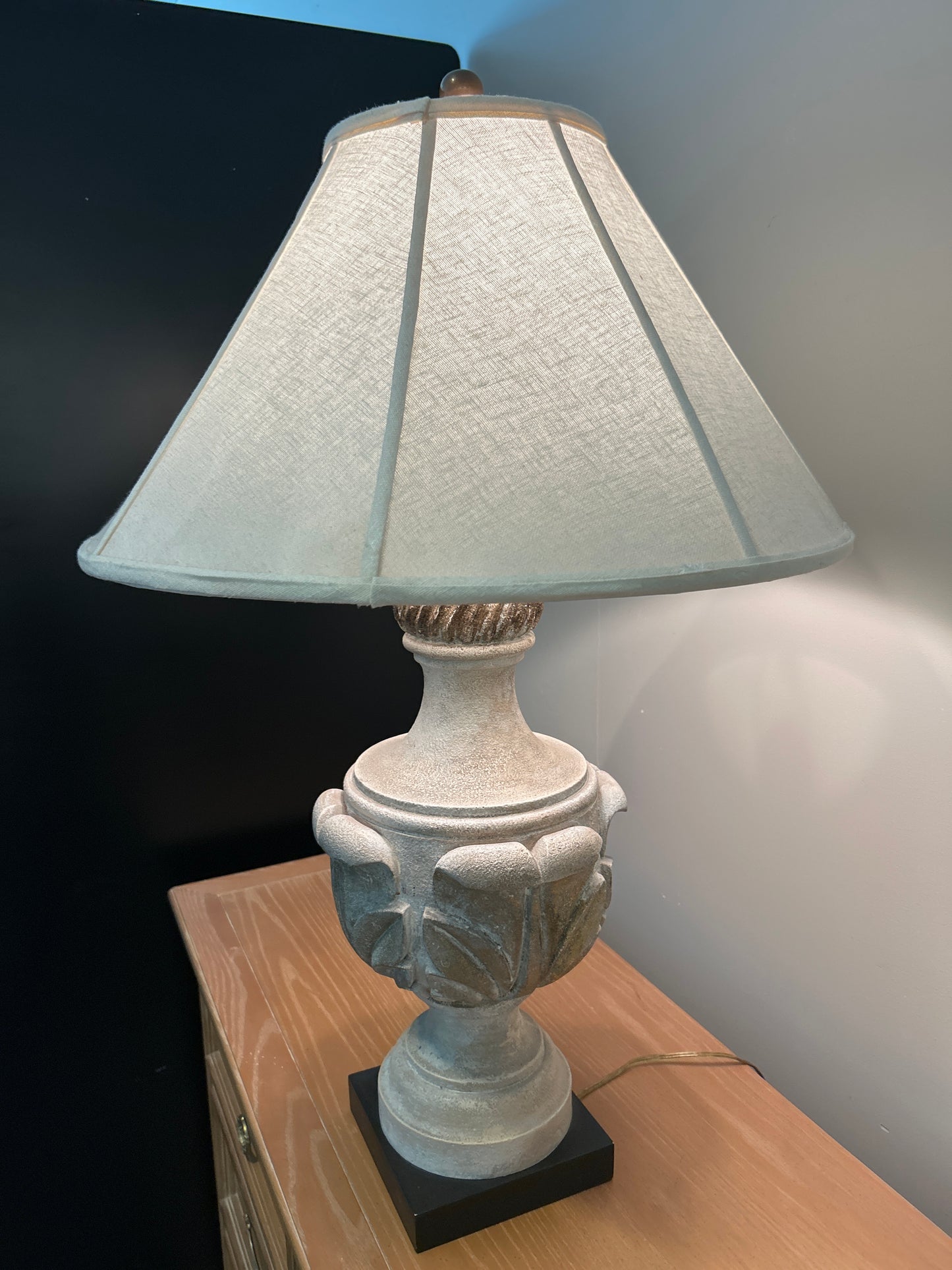 Stone-Style Urn Table Lamp with Off-White Shade