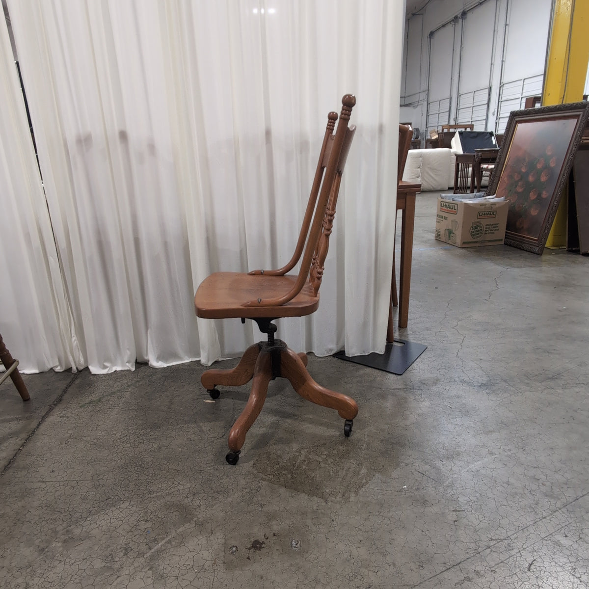 Traditional Wood Swivel Office Chair with Carved Backrest