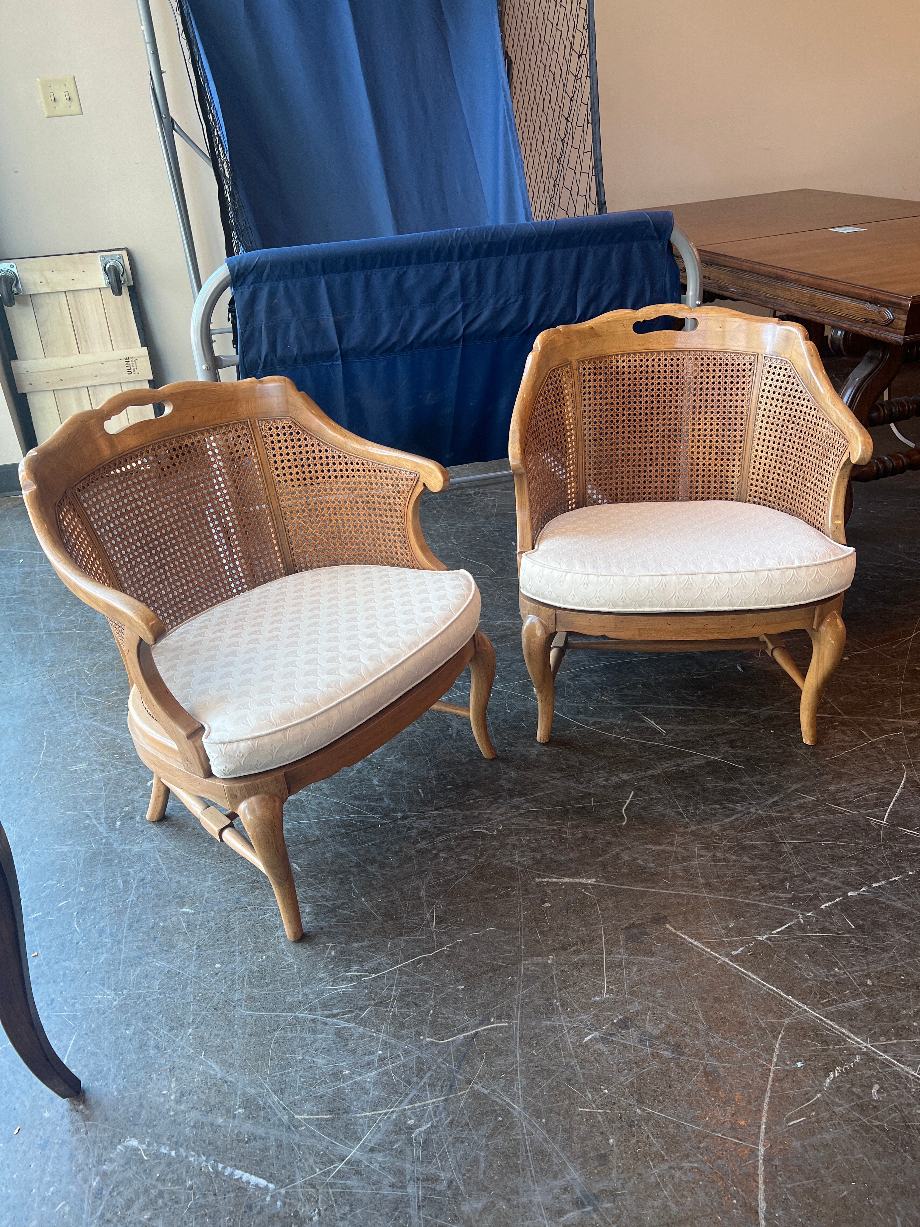Vintage MCM Cane Back Wood Armchairs - Set of Two