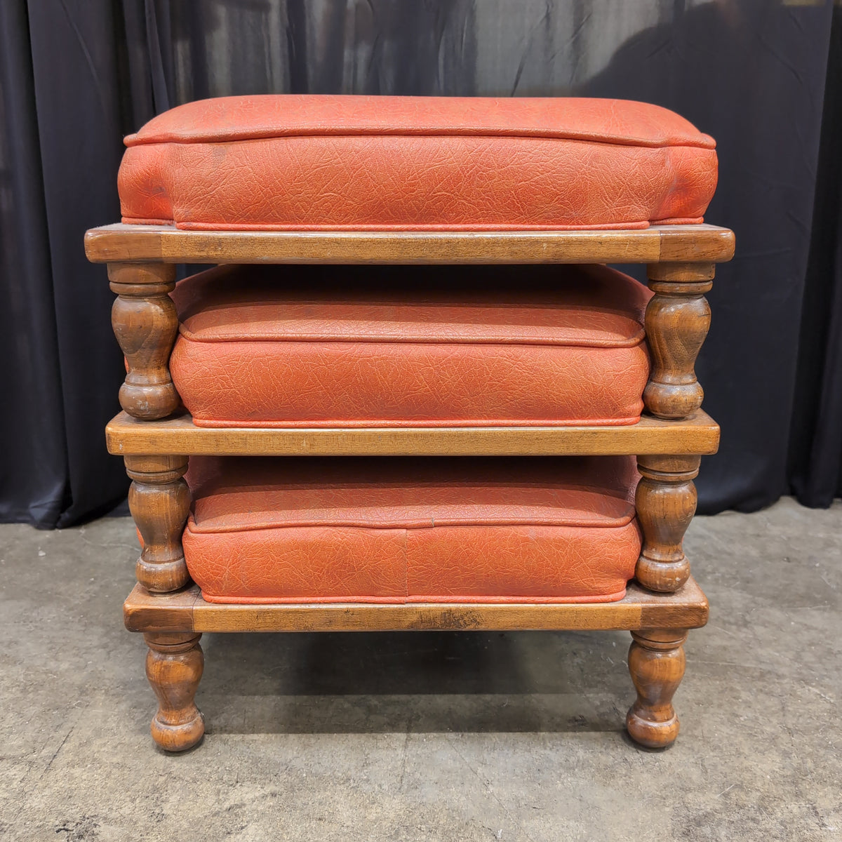 Orange Upholstered Wood Ottoman with Turned Legs