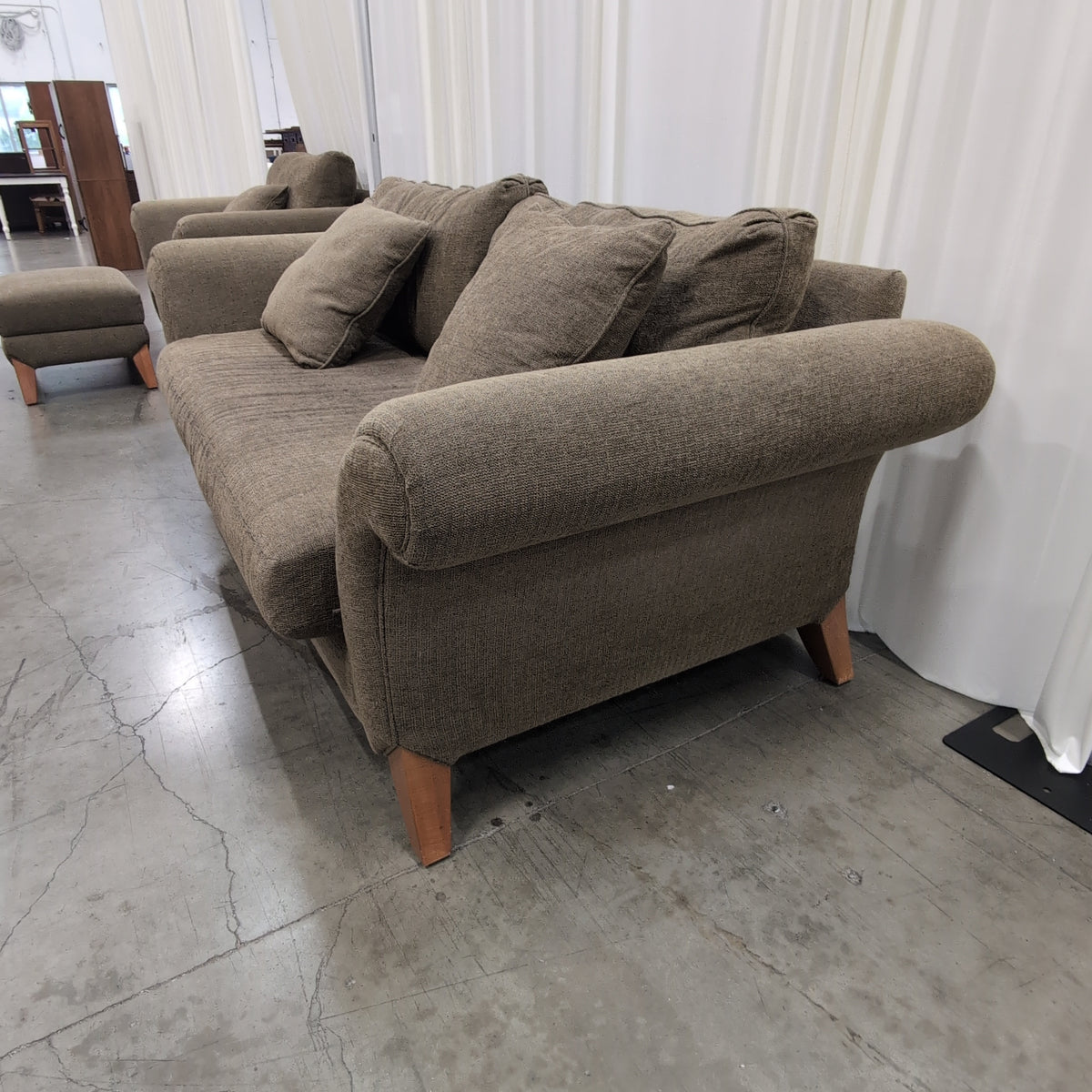 Taupe Textured Fabric Rolled Arm Couch