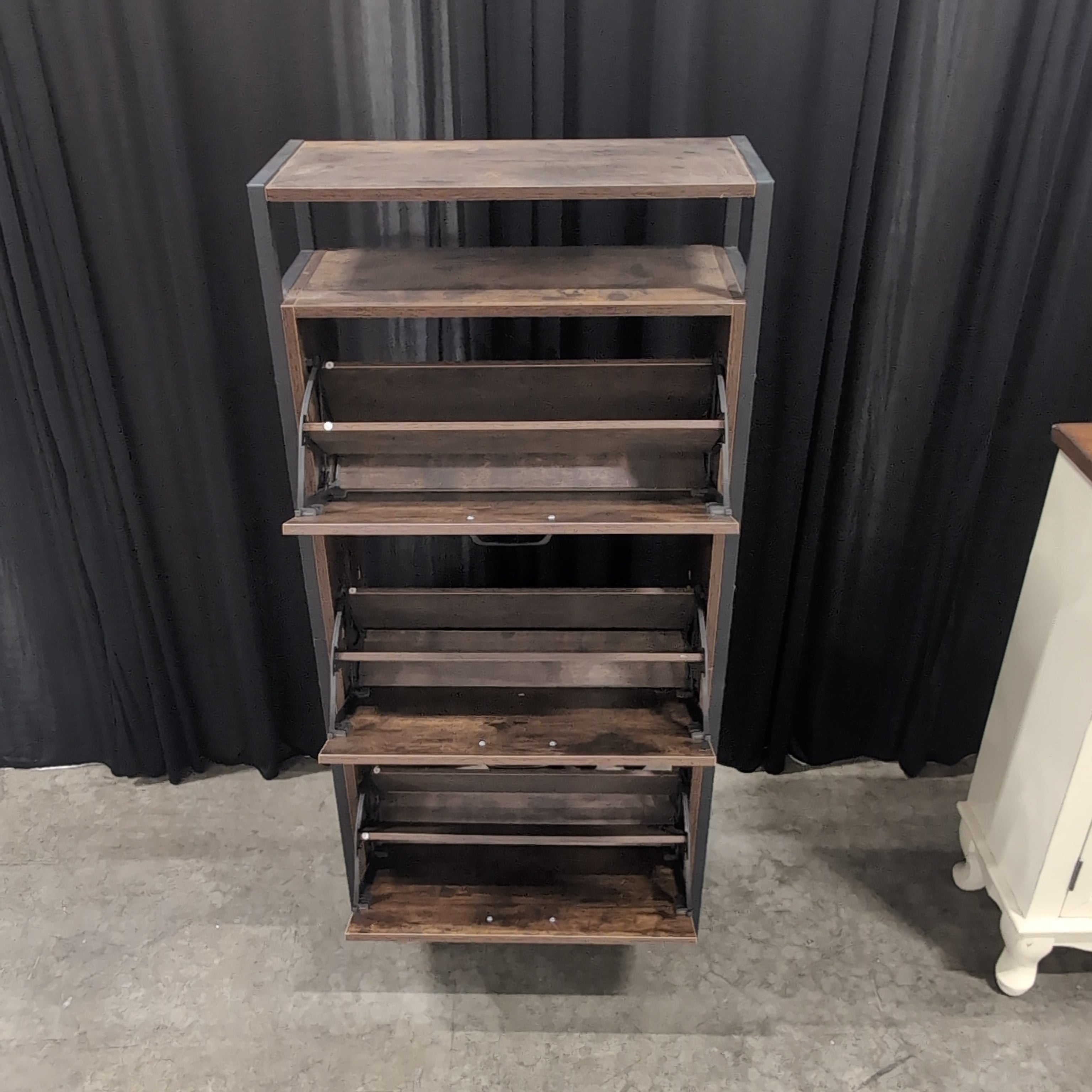 Industrial Dark Brown Three-Tier Shoe Cabinet in Wood and Metal