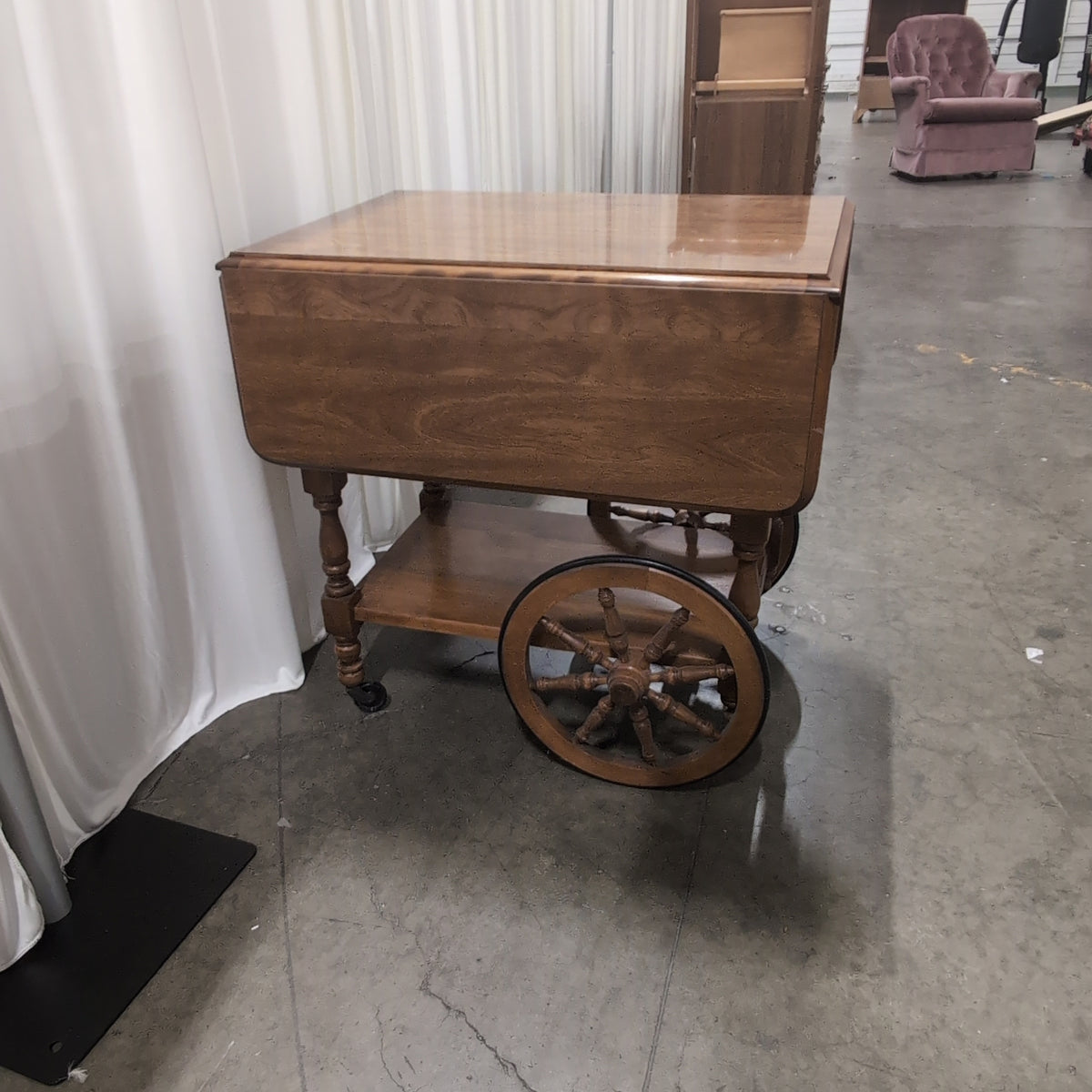 Light Brown Wood Drop Leaf Serving Cart with Turned Legs