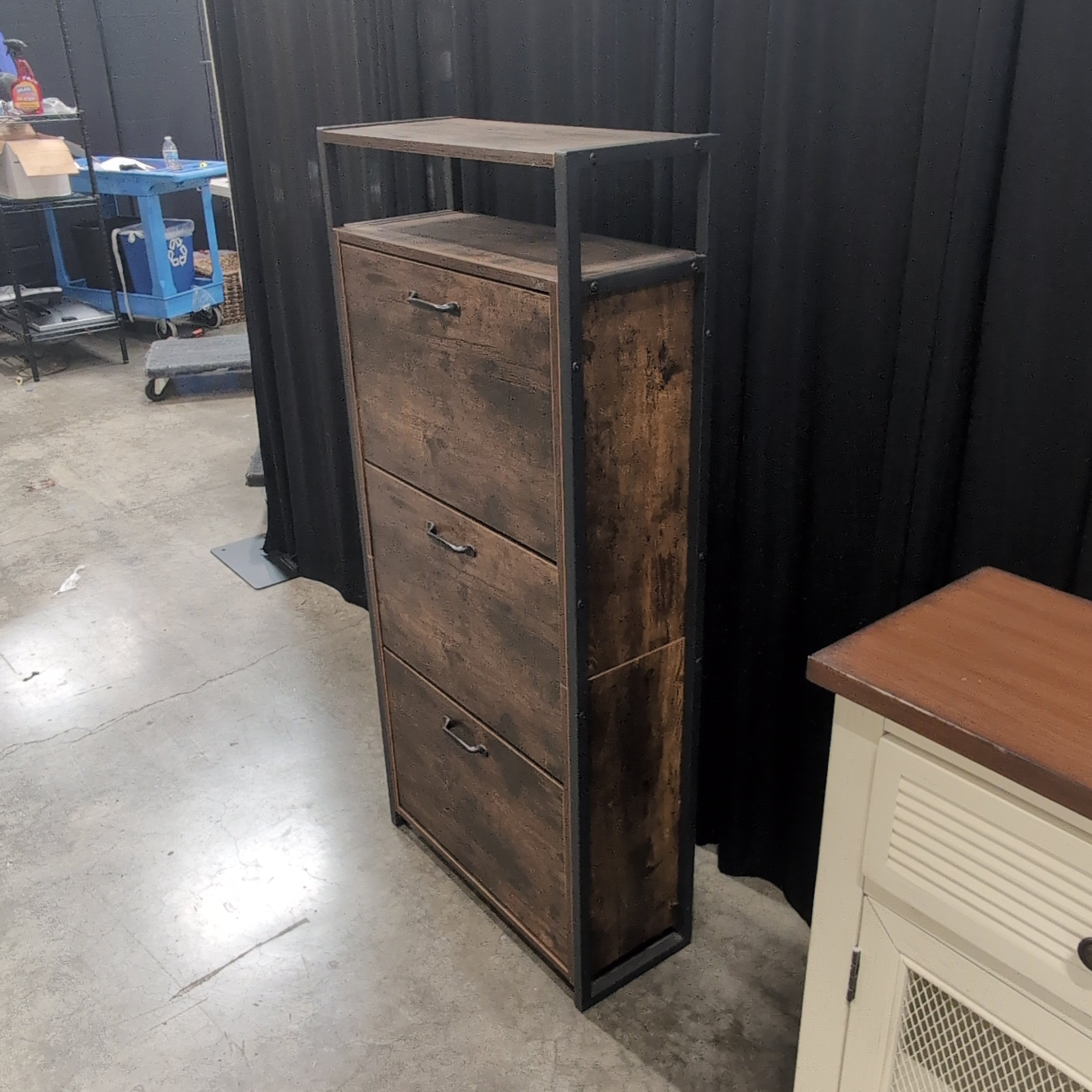Industrial Dark Brown Three-Tier Shoe Cabinet in Wood and Metal