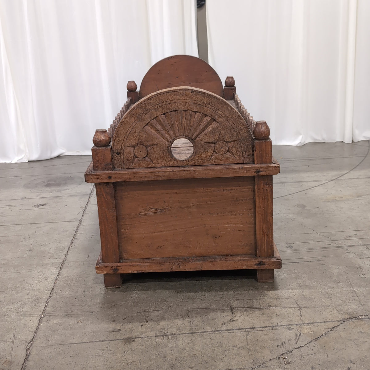 Rustic Carved Wood End Table with Sunburst Top