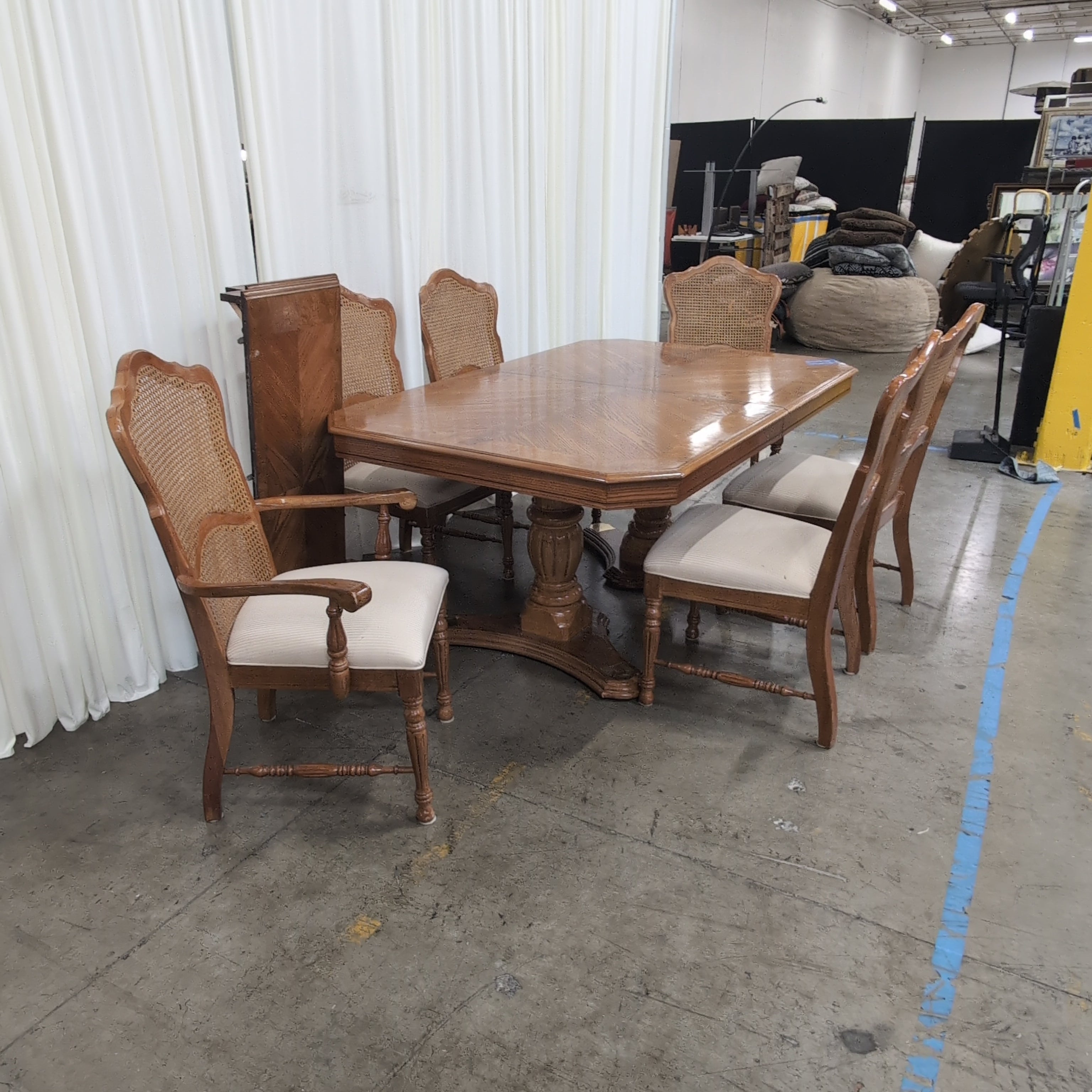 Traditional Cane Back Wood Dining Table with Six Chairs
