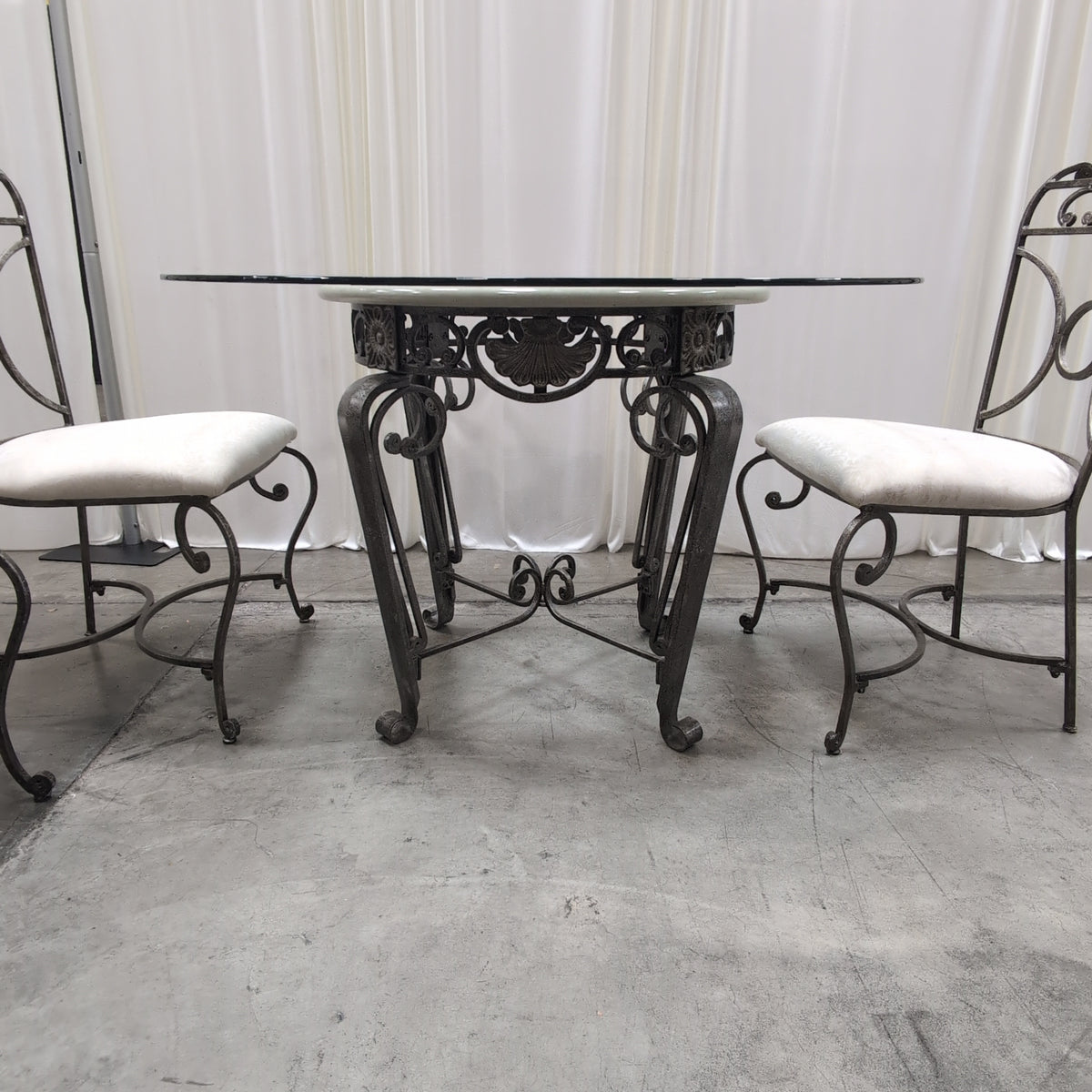 Ornate Wrought Iron Glass Dining Table with Chairs