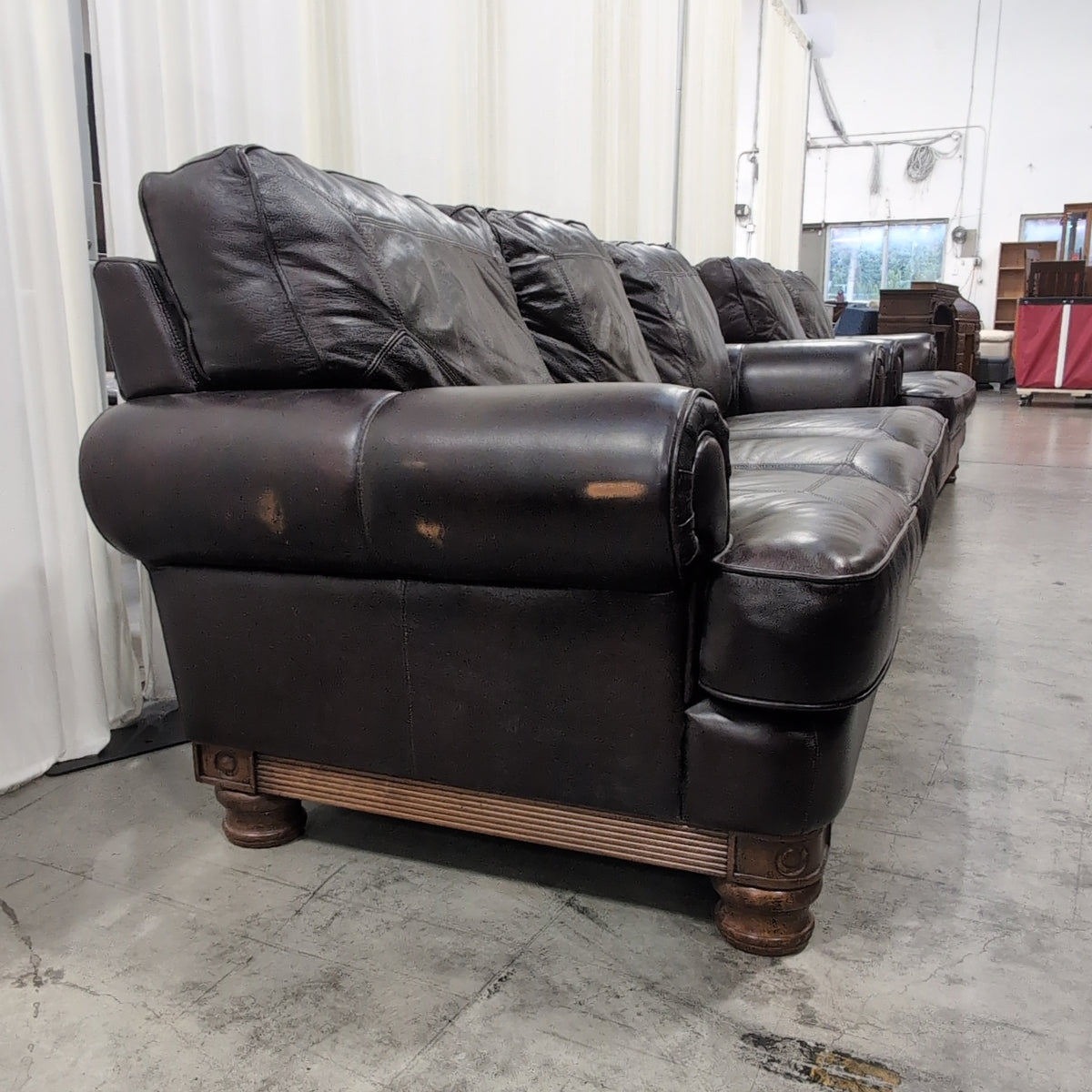 Dark Brown Leather Three-Seat Couch with Rolled Arms