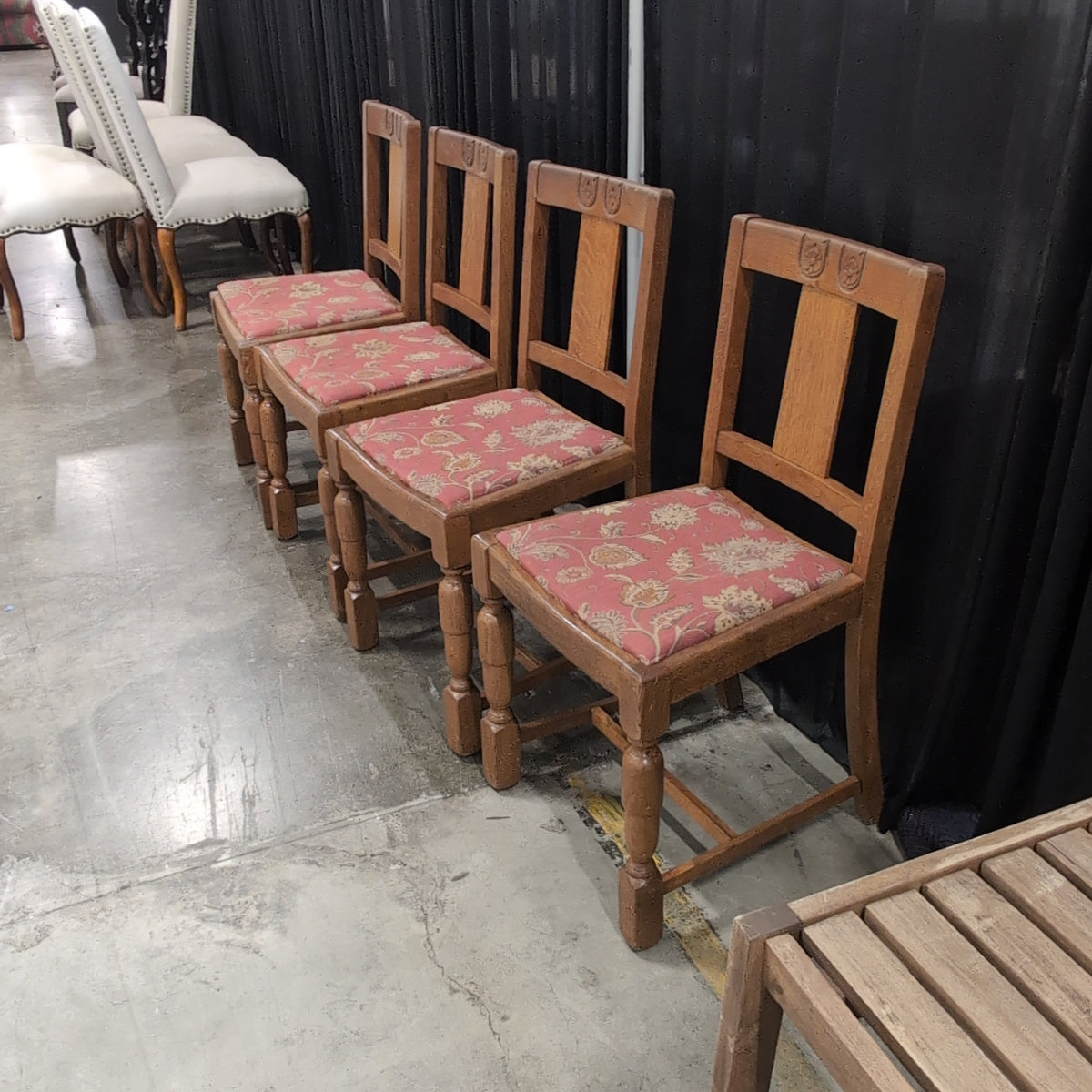 Set of Four Carved Wood Dining Chairs with Floral Upholstery
