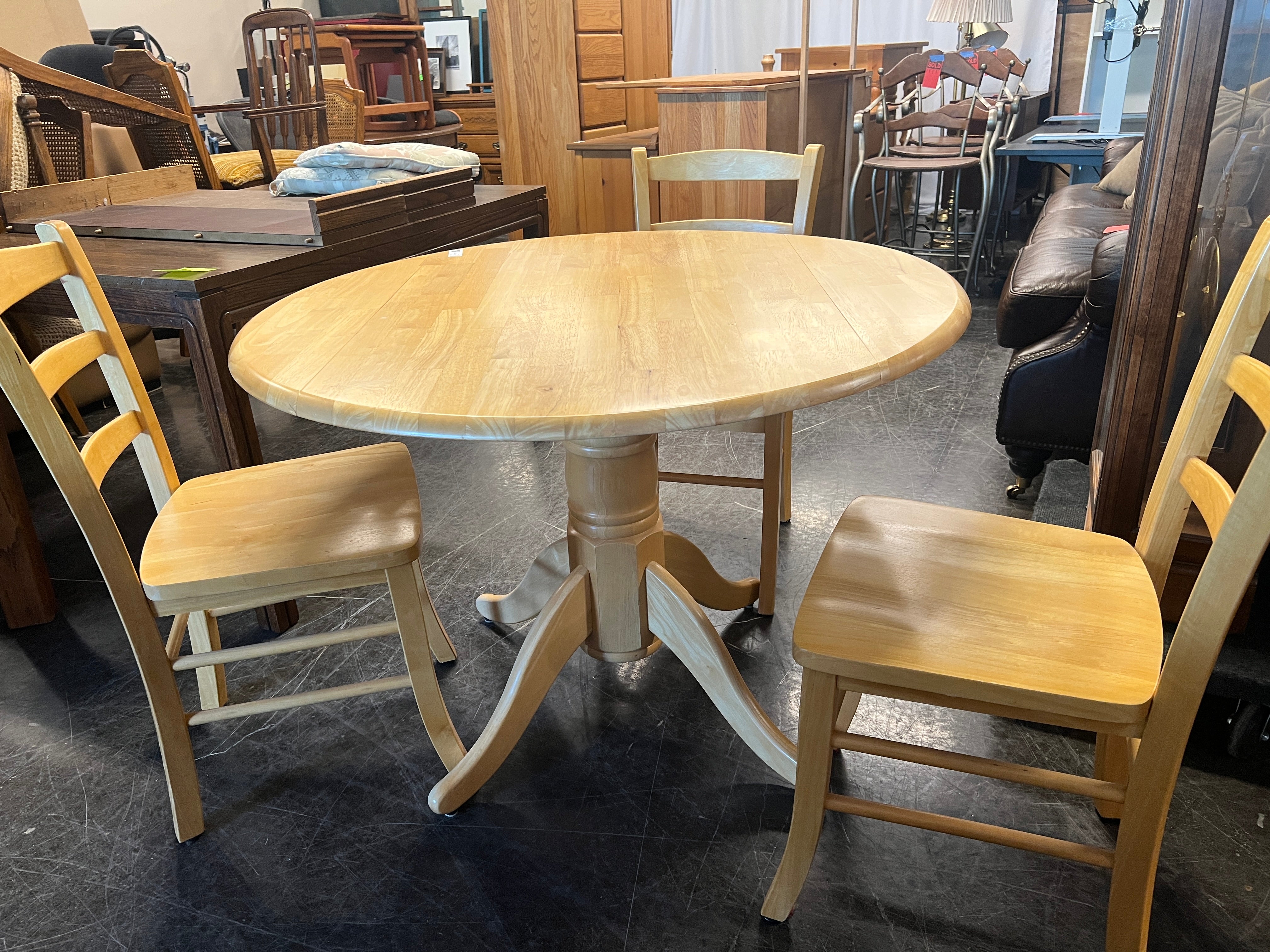 Small Round Oak Dining Table and Three Chairs