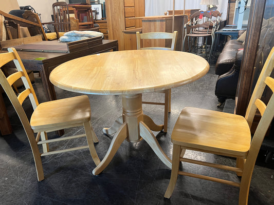 Small Round Oak Dining Table and Three Chairs
