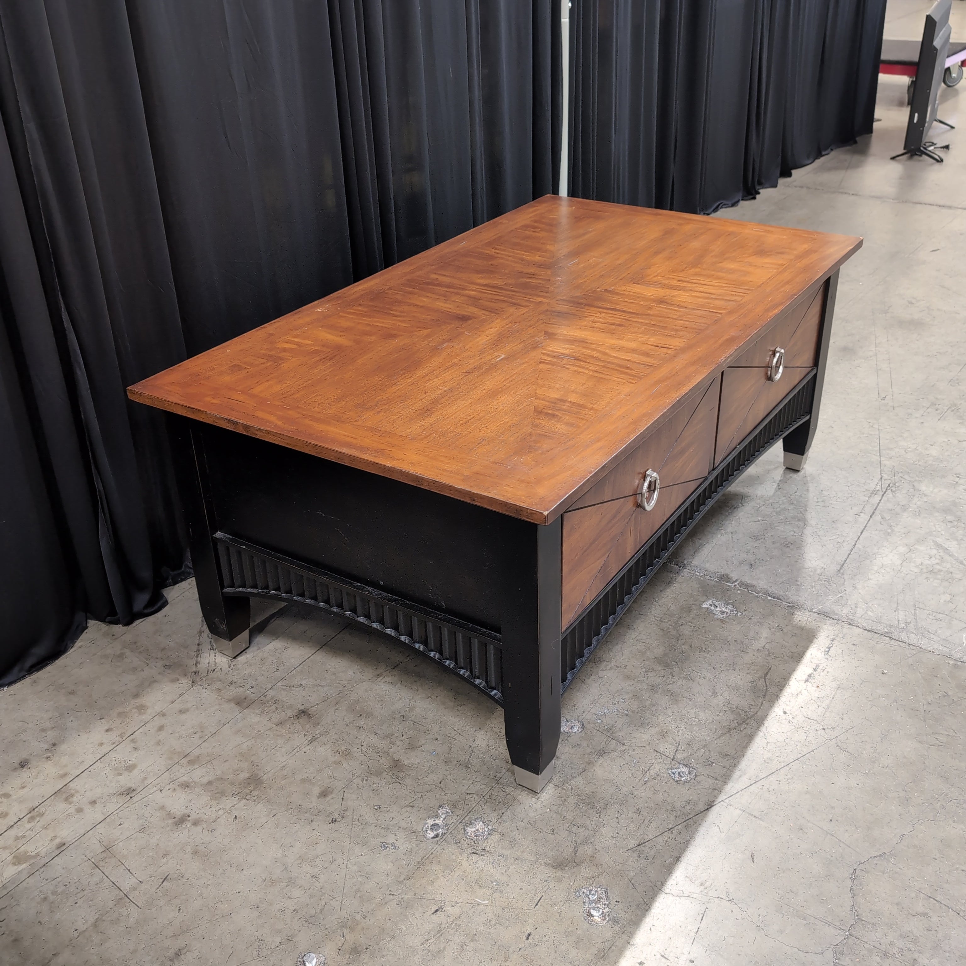 Warm Brown Wood Coffee Table with Geometric Veneer Top