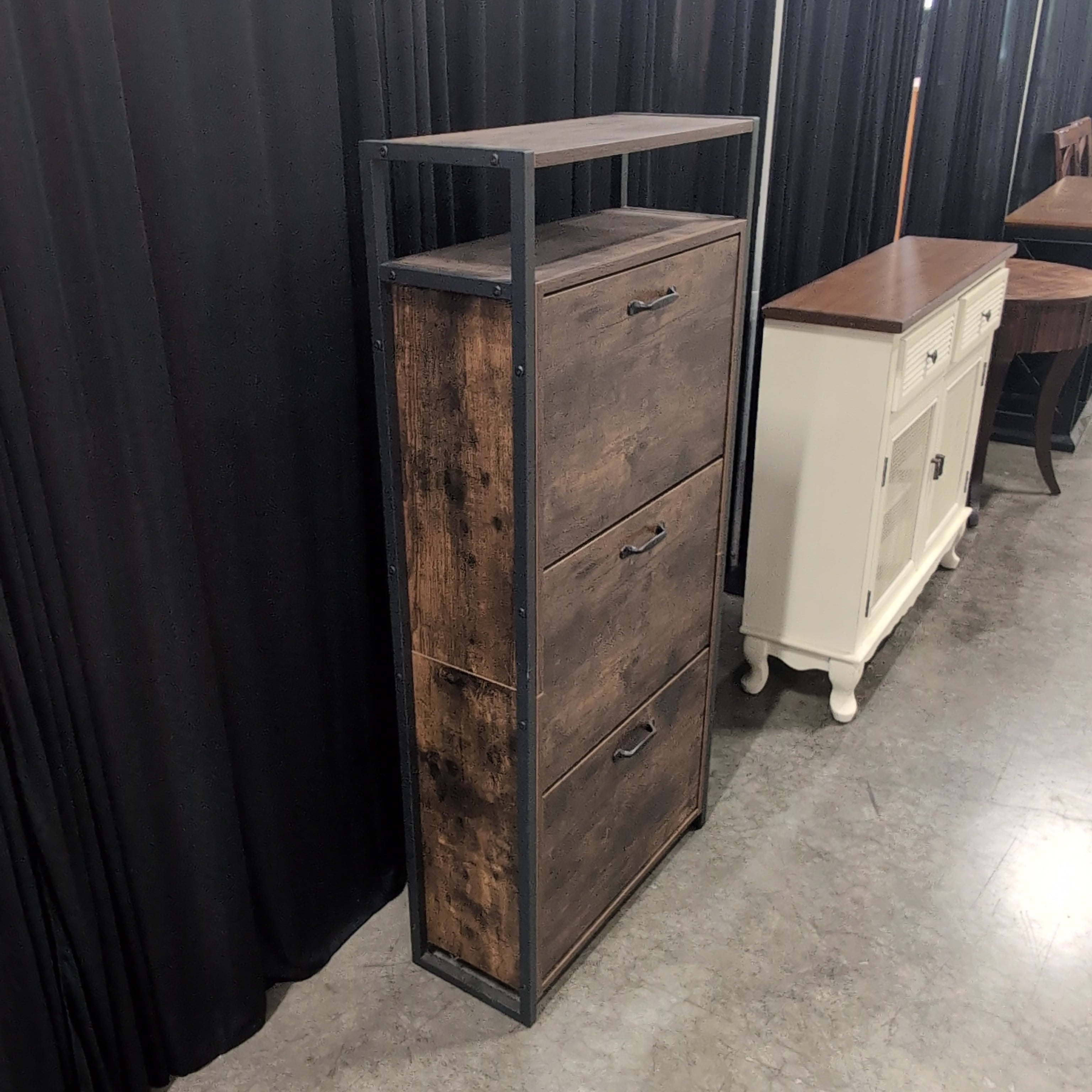 Industrial Dark Brown Three-Tier Shoe Cabinet in Wood and Metal