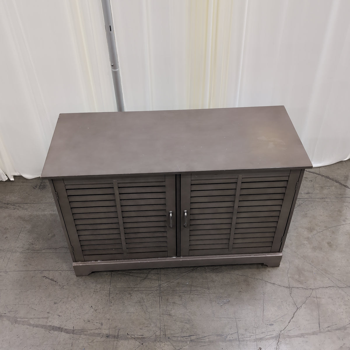 Greige Wood TV Stand with Louvered Doors