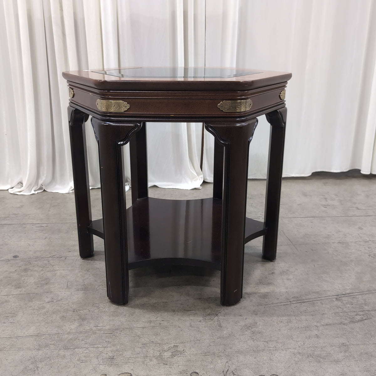 Hexagonal Dark Wood End Table with Glass Top