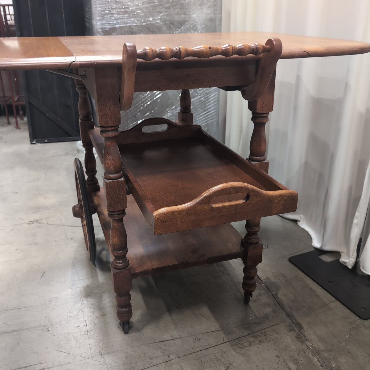 Medium Brown Wood Drop Leaf Rolling Tea Cart