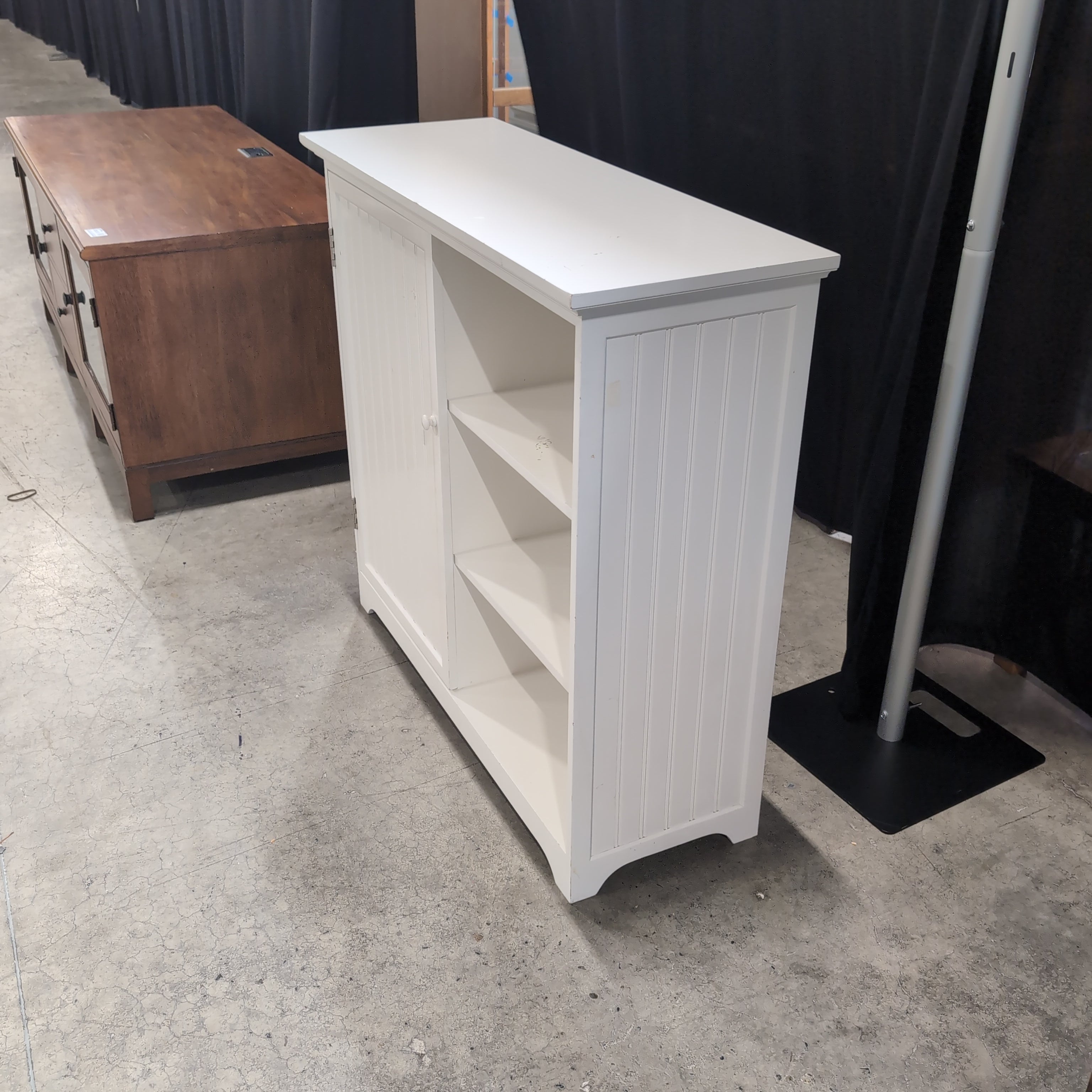 White Beadboard Storage Cabinet with Open Shelving