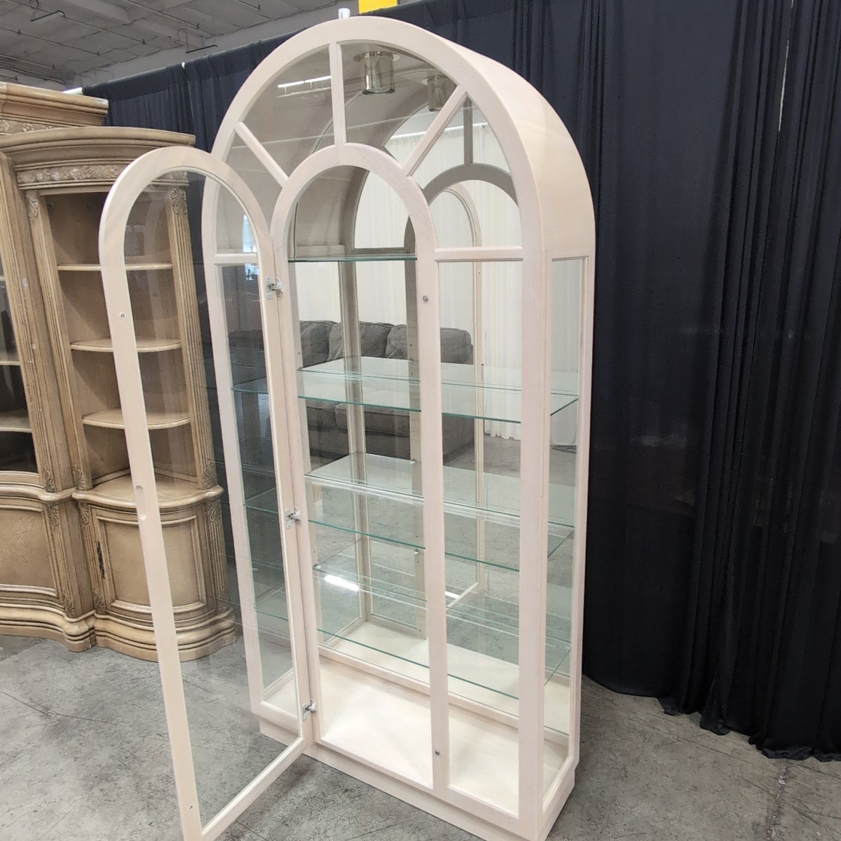 Light Wood Arched Top China Cabinet with Glass Shelves