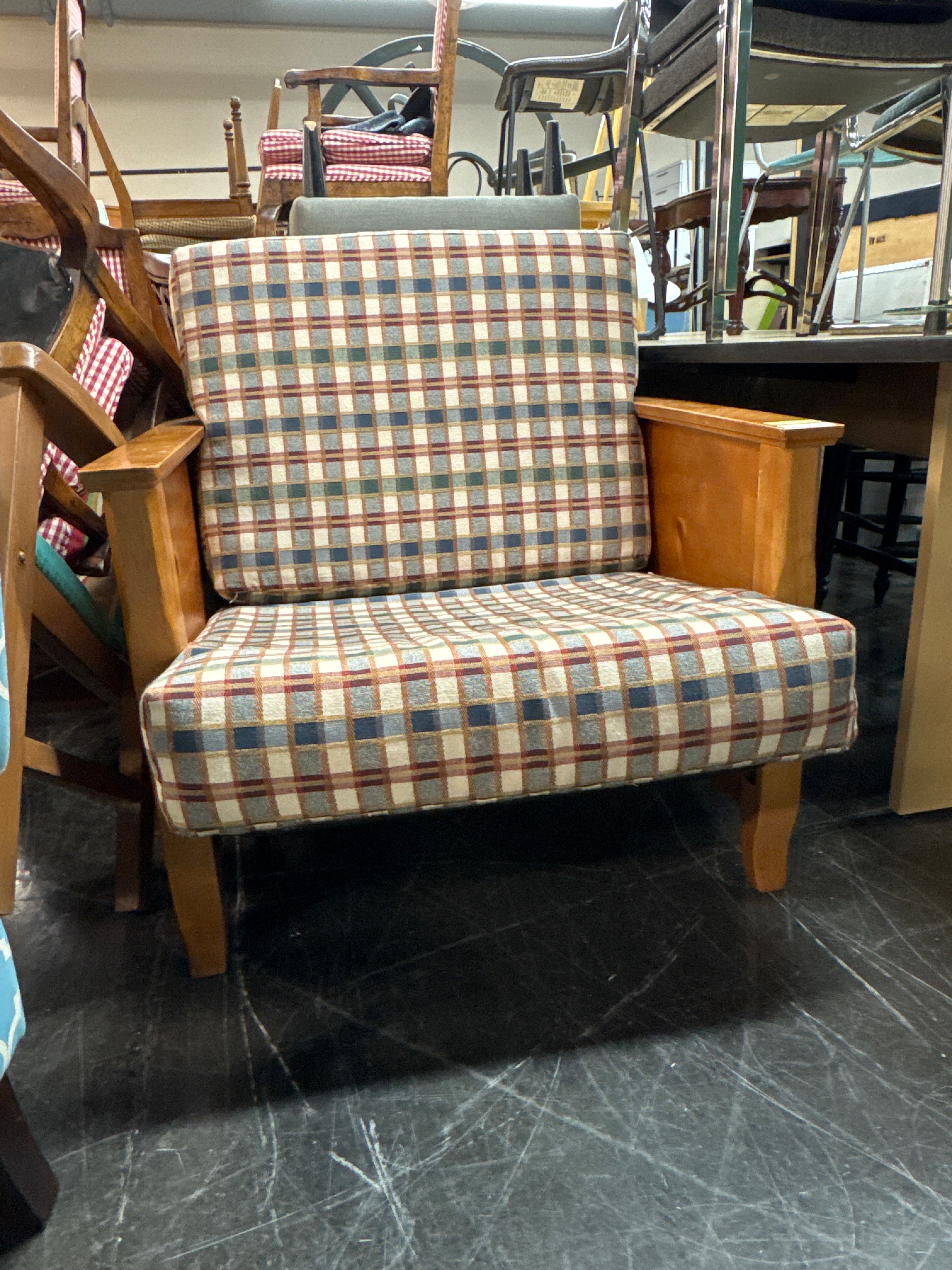 Wooden  Framed Chair with Plaid Slip Cover