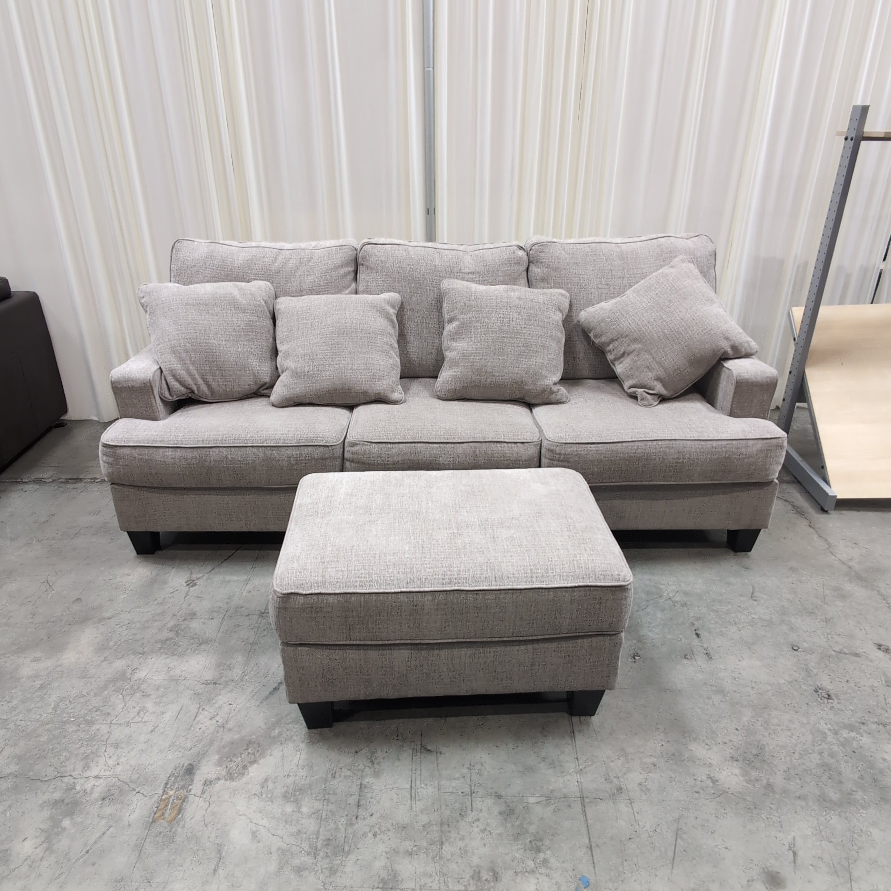 Light Grey Woven Fabric Three-Seat Couch with Storage Ottoman