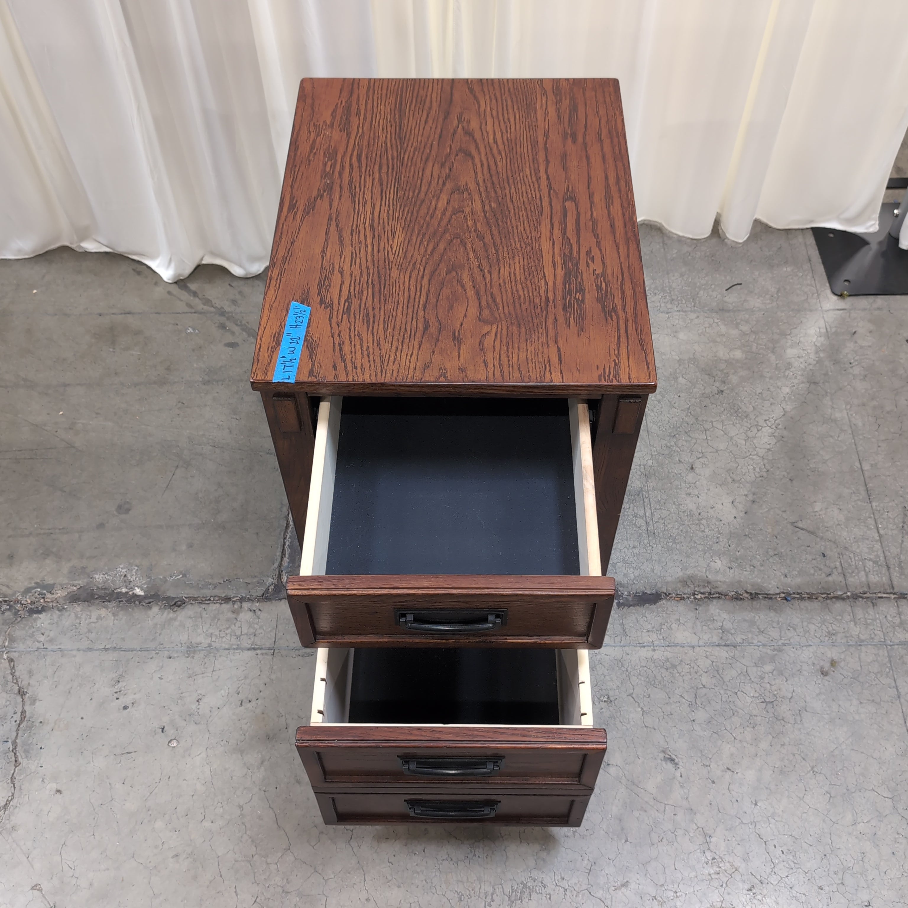 Brown Stained Hardwood Three-Drawer Nightstand with Black Hardware