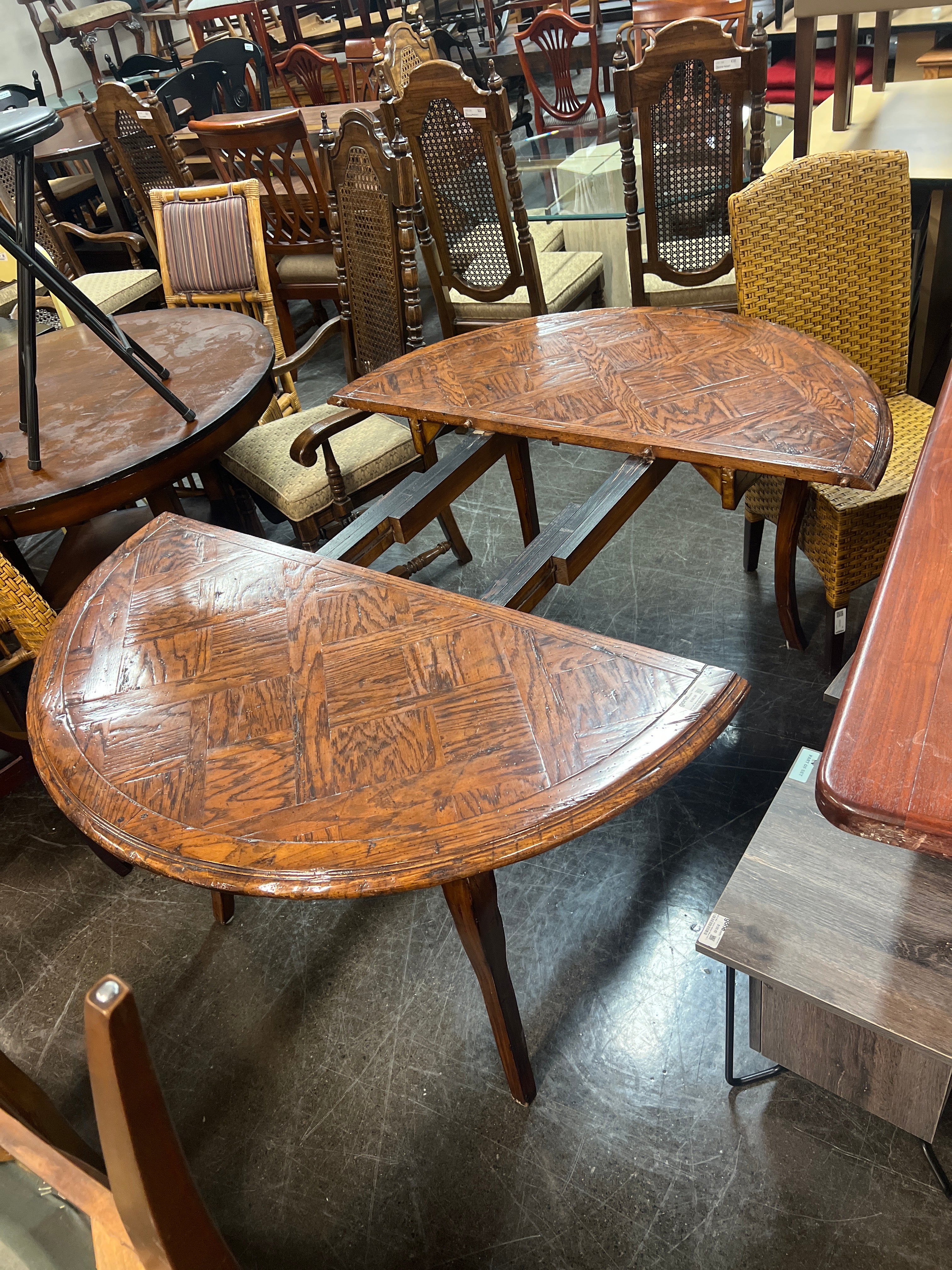 Round Oak Tigerwood Dining Table with Intricate Inlay