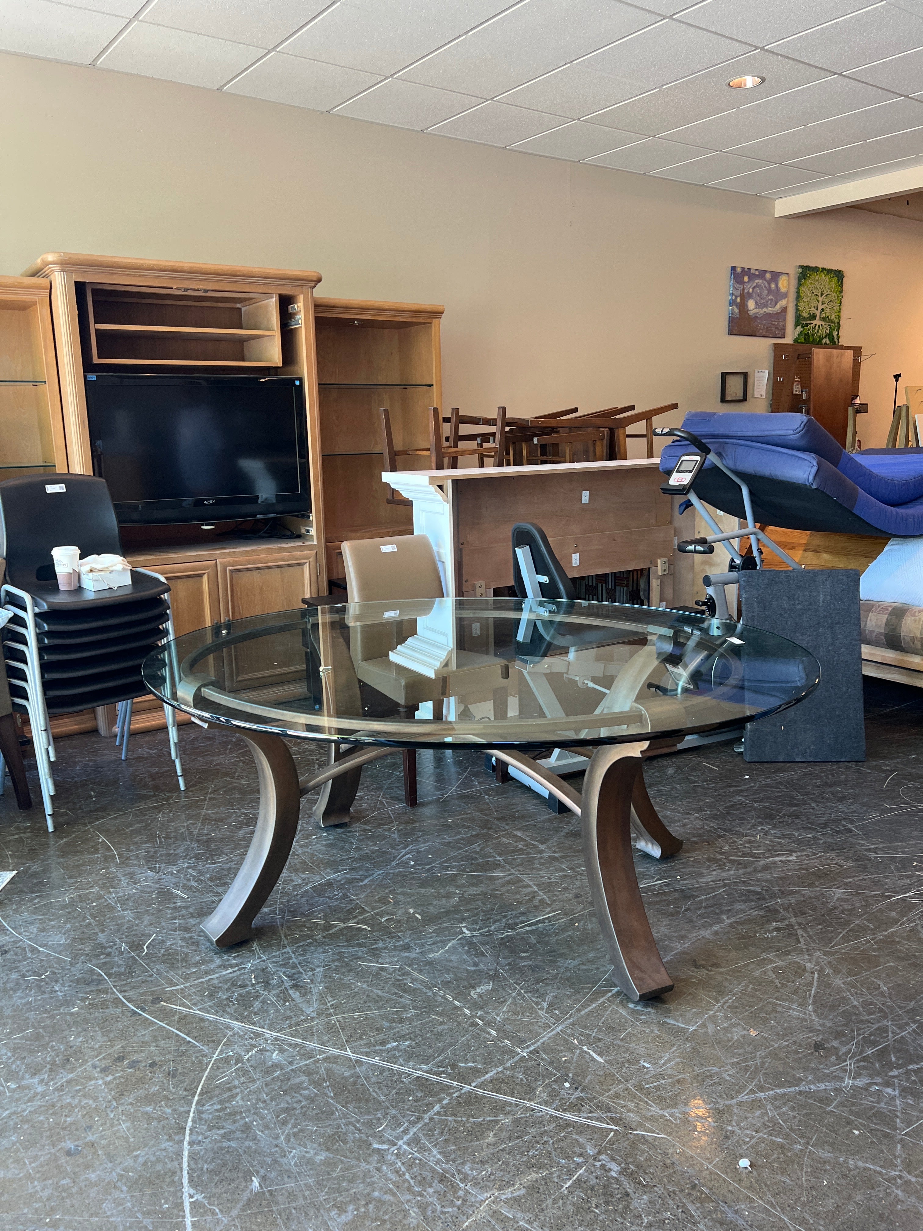 Curved Metal Base Glass Dining Table