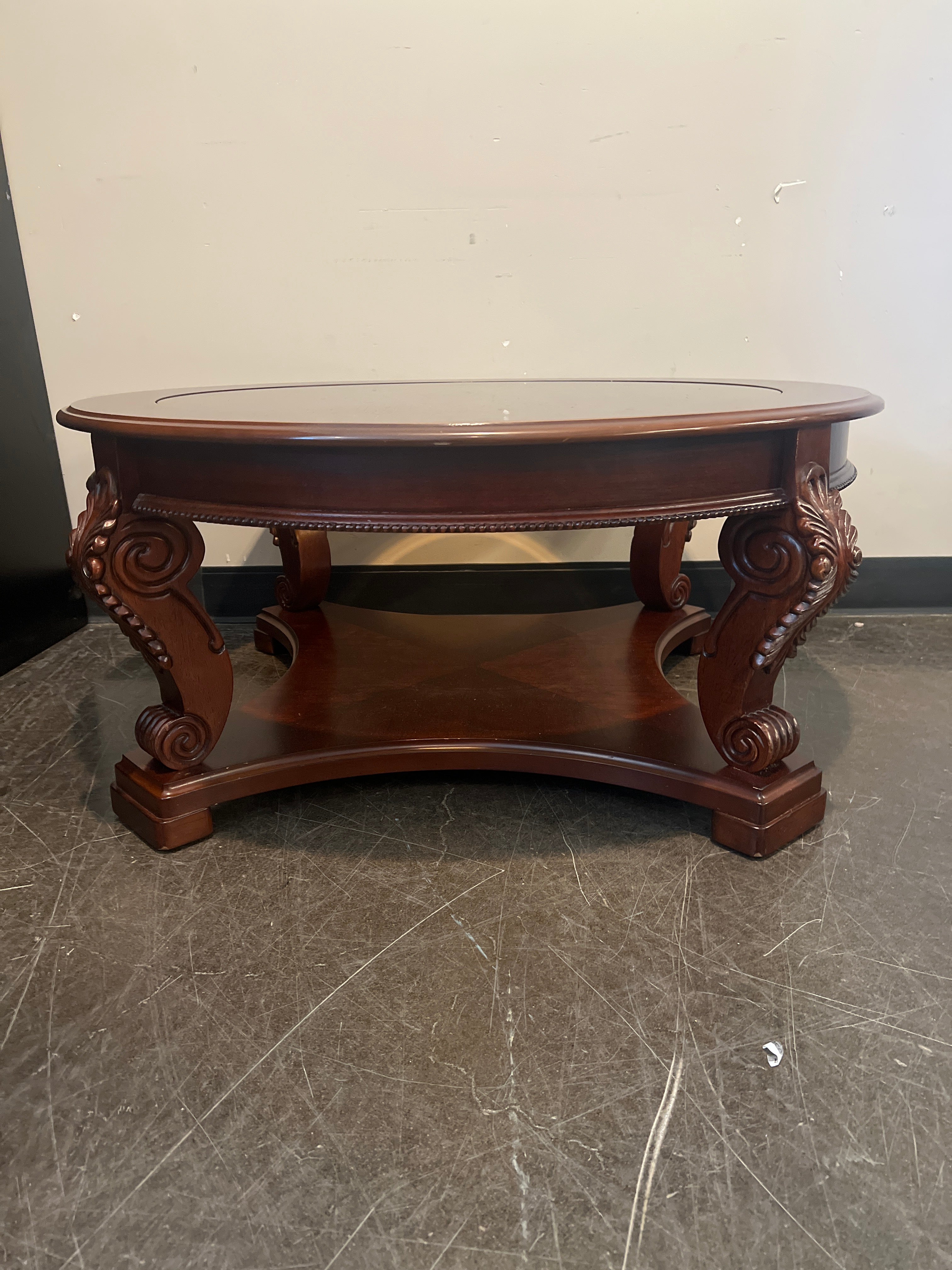 Round Wood Coffee Table with Glass Top