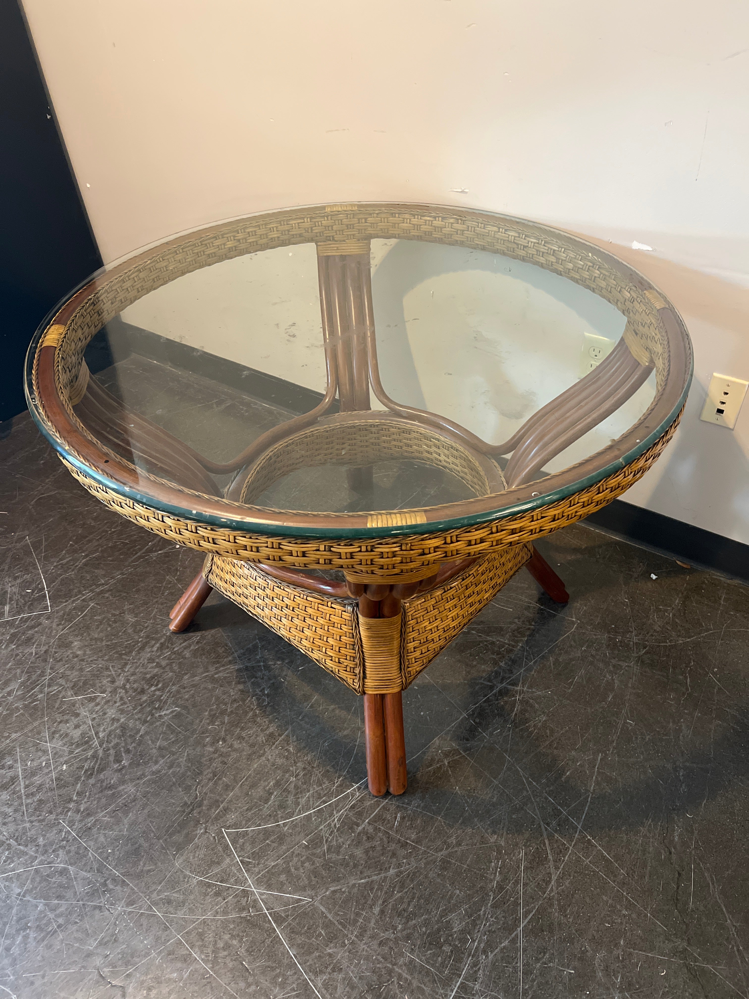 Round Rattan & Glass Dining Table