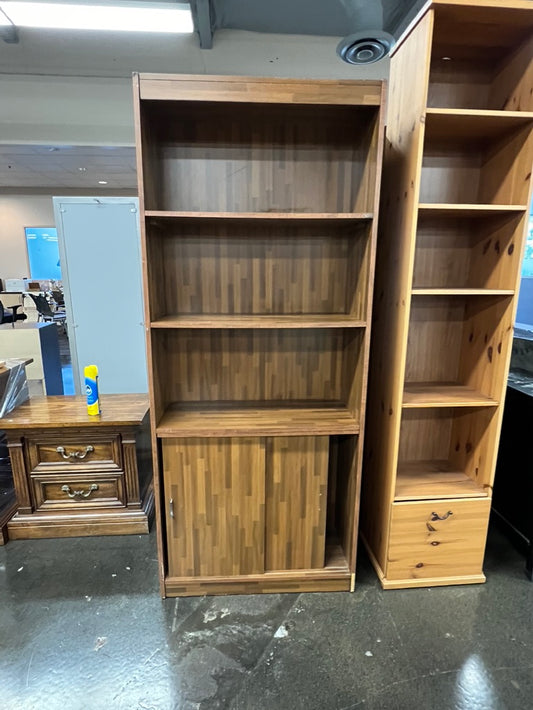 Butcherblock-Style Brown Bookshelves with Drawers