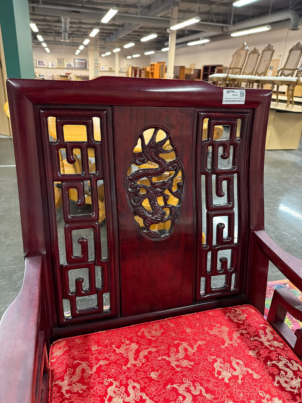 Vintage Chinese Rosewood Armchair, Hand Carved Dragon Medallion and Key Fret, Red Silk Cushion