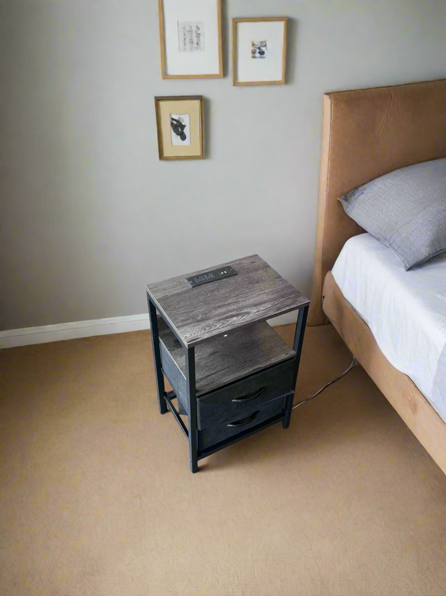 Industrial Side Table with Power Outlets